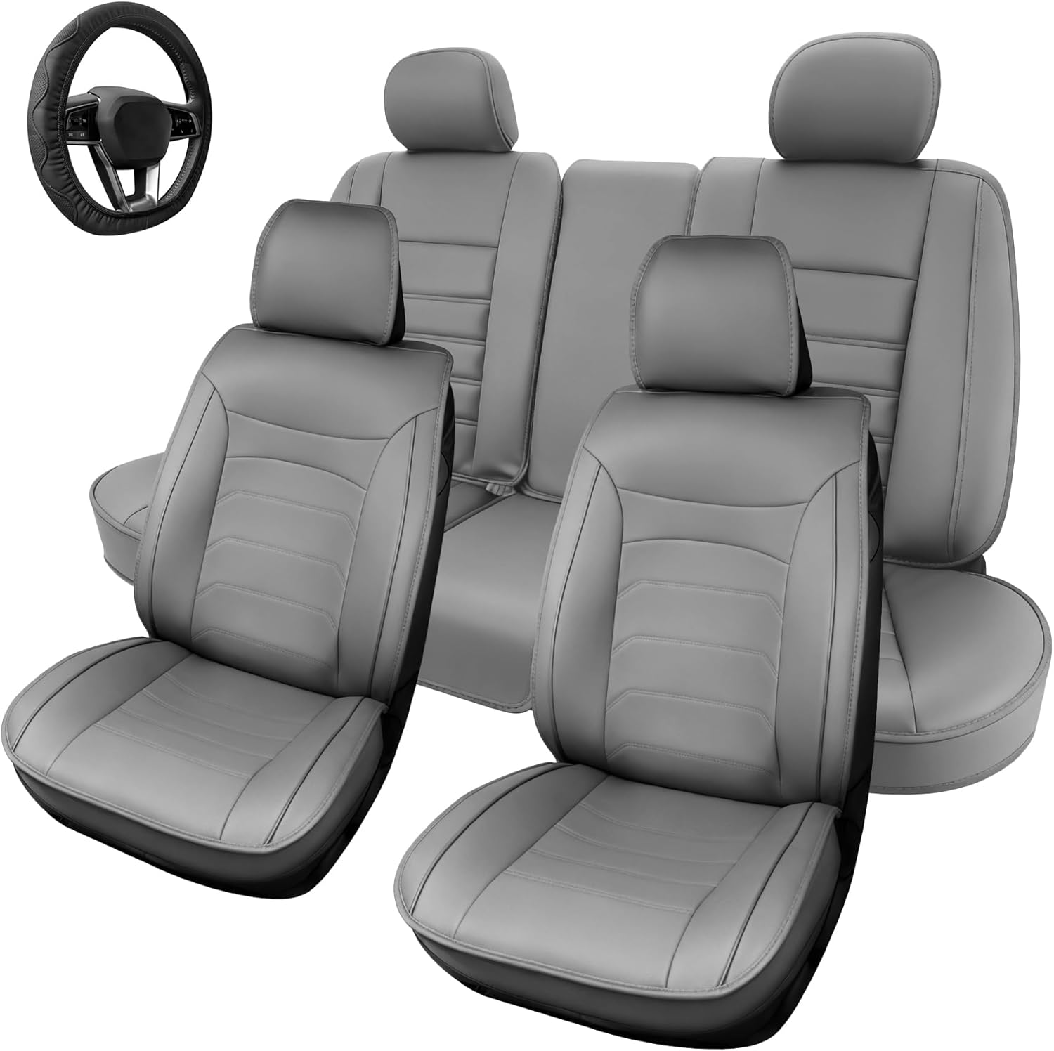 [2025 Upgraded Leather Fabric] Car Seat Cover with Steering Wheel Cover, Car Seat Covers Full Set Airbag Compatible, Waterproof Leather Seat Covers, Universal Car Seat Covers for Trucks, SUV