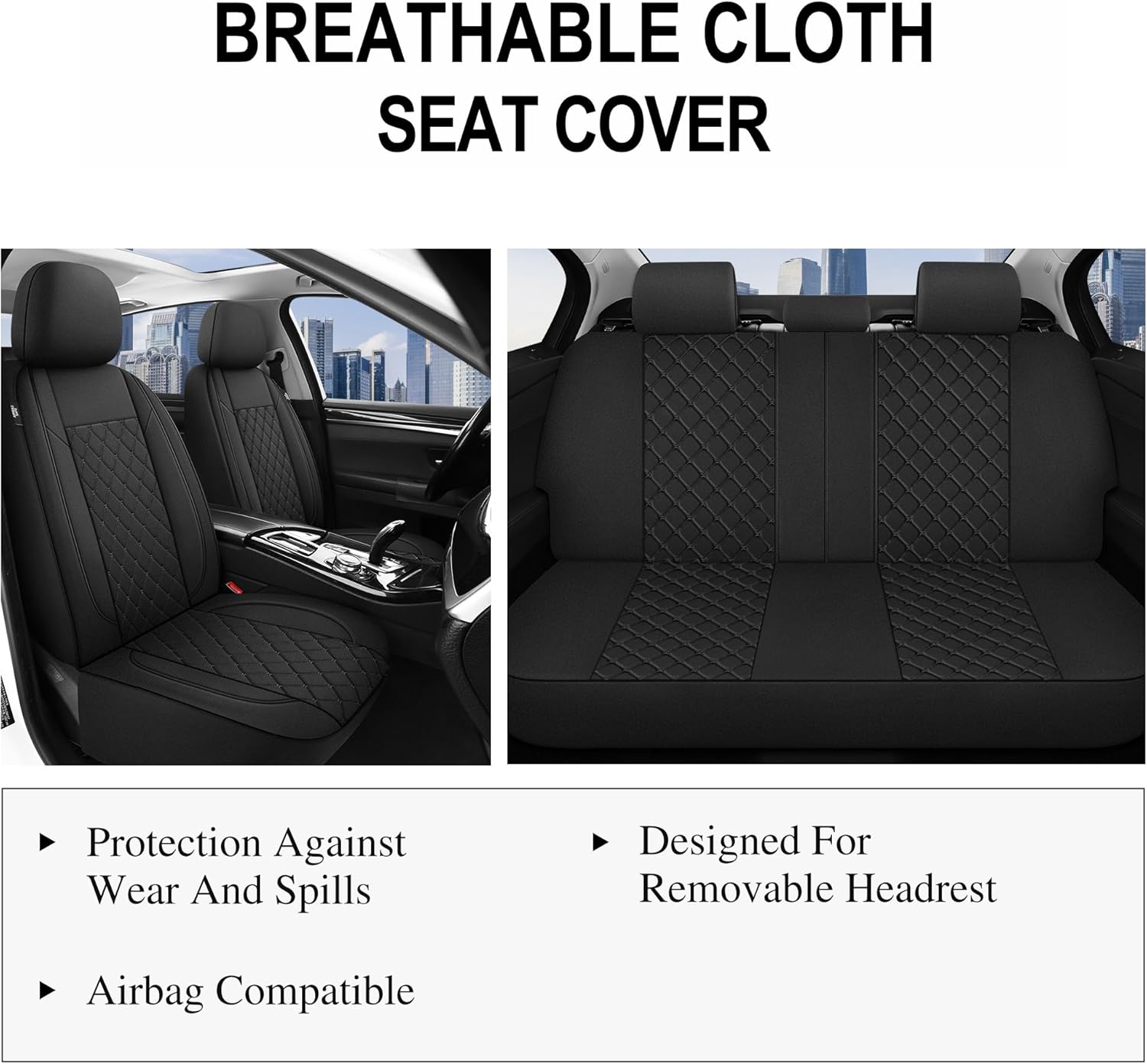 YGL Breathble Car Seat Covers Full Set,Washable Seat Covers for Cars,Premium Cloth Car Seat Protectors,Interior Covers for Cars,Sedan Van Truck SUV(Black)