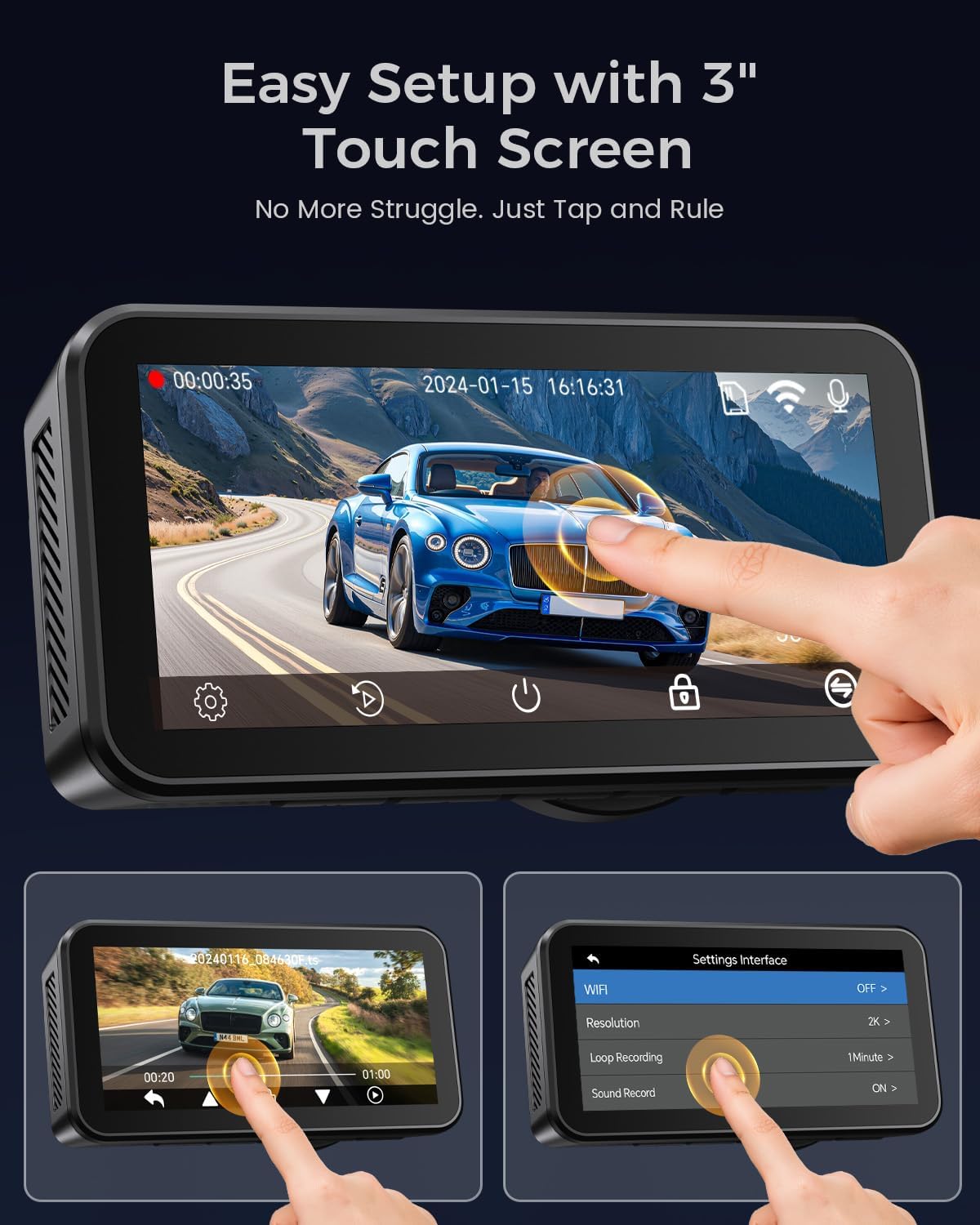 COOLCRAZY 4K Dash Cam Front and Rear with Touch Screen & STARVIS Sensor,5.8Ghz Wi-Fi,GPS,64GB Card,Night Vision Dashcam,G-Sensor,Loop Recording,App Control,24H Parking Monitor Car Camera