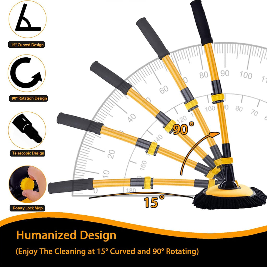 15° Curved Car Cleaning Brush with Telescopic Handle 43" Aluminum Alloy Long Rod Wash Mop For Washing Caravan Van Truck Boat RV Roof Soft Chenille Head Duster Clean Product Not Hurt Paint Scratch Free