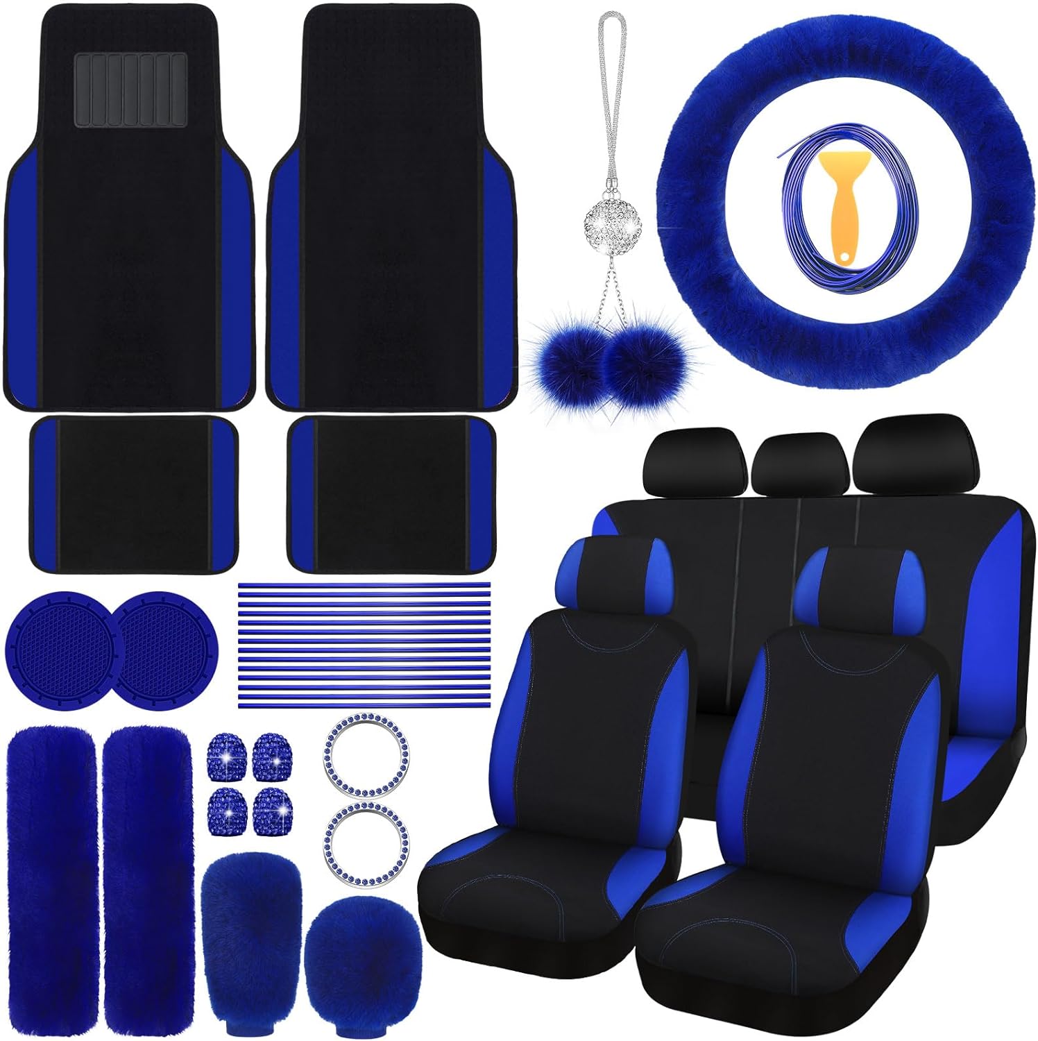 Woanger 47 Car Seat Cover Full Set for Women Included Car Front Rear Seat Fluffy Steering Wheel Cover Belt Automotive Floor Mats Air Conditioner Decoration Strip Universal(Blue)