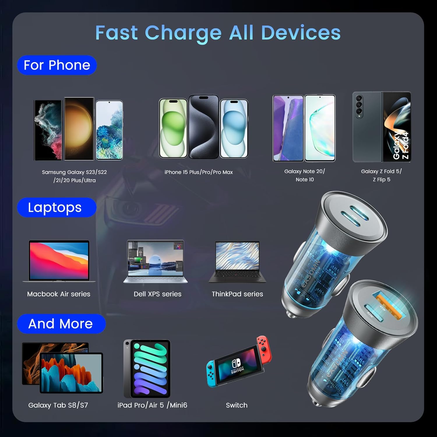 2-Pack 90W USB C Super Fast Car Charger, Dual-Port [PD/PPS 45W & QC 45W] Car Cigarette Lighter USB Charger Adaper for Samsung Galaxy S25 Ultra/S25+/S24 Ultra/S23+/S22,Note 20/10+,Tab S9/S8, iPhone 15…