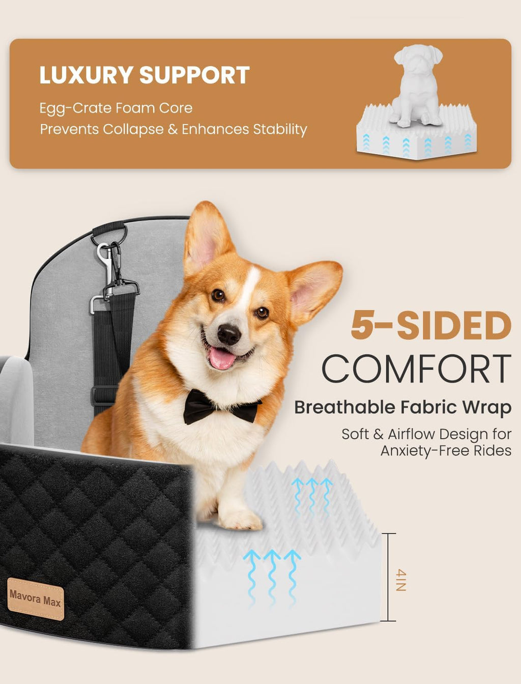 (Up to 35lbs Small/Medium Dog Car Seat Booster Dog Seat for Car Portable with Adjustable Seatbelts Pet Travel Car Bed Seat for SUV, Truck, with Memory Foam Cushion (Black/Grey)