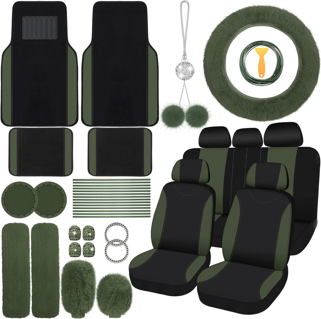 Woanger 47 Car Seat Cover Full Set for Women Included Car Front Rear Seat Fluffy Steering Wheel Cover Belt Automotive Floor Mats Air Conditioner Decoration Strip Universal(Blue)