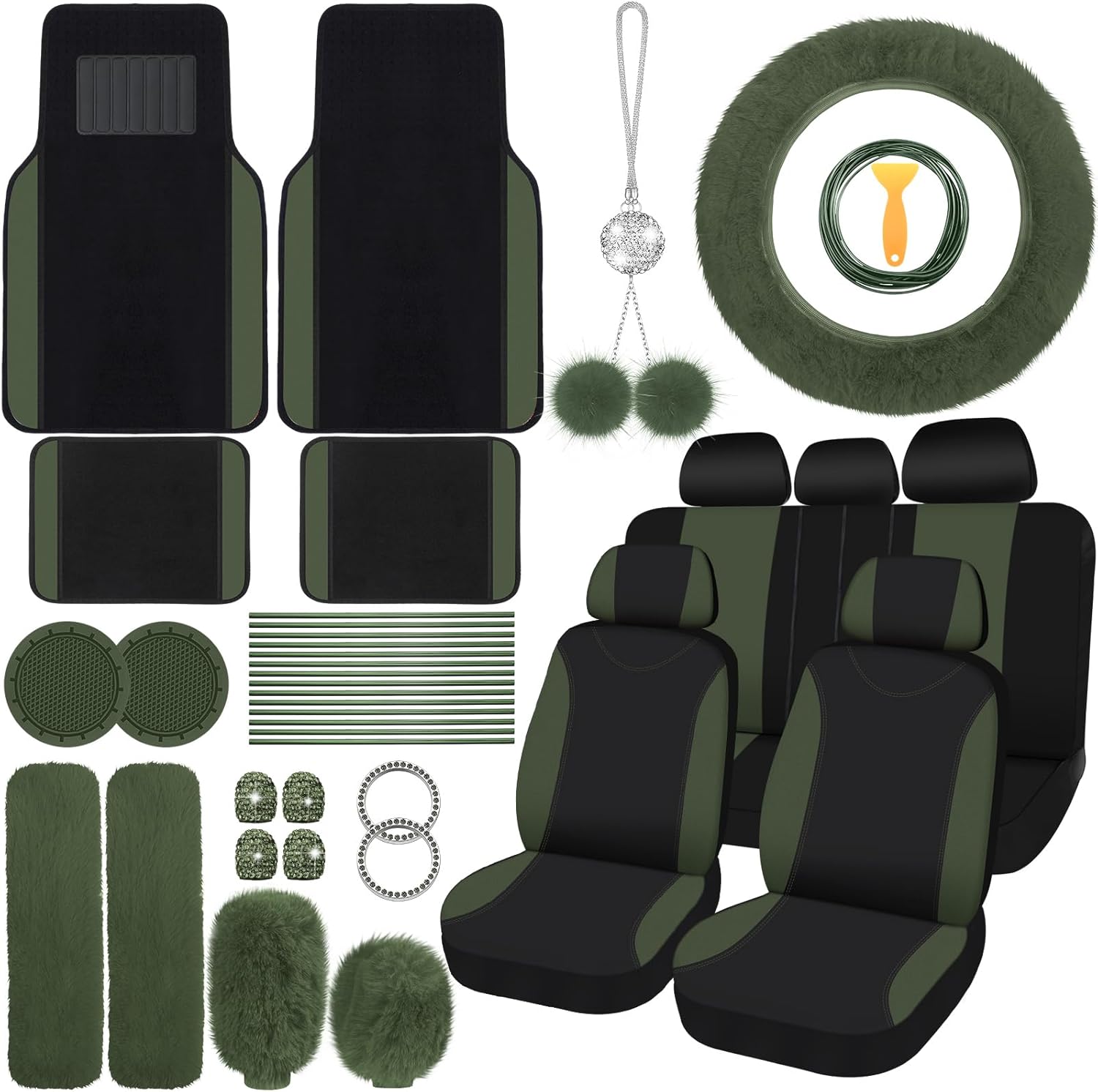 Woanger 47 Car Seat Cover Full Set for Women Included Car Front Rear Seat Fluffy Steering Wheel Cover Belt Automotive Floor Mats Air Conditioner Decoration Strip Universal(Blue)