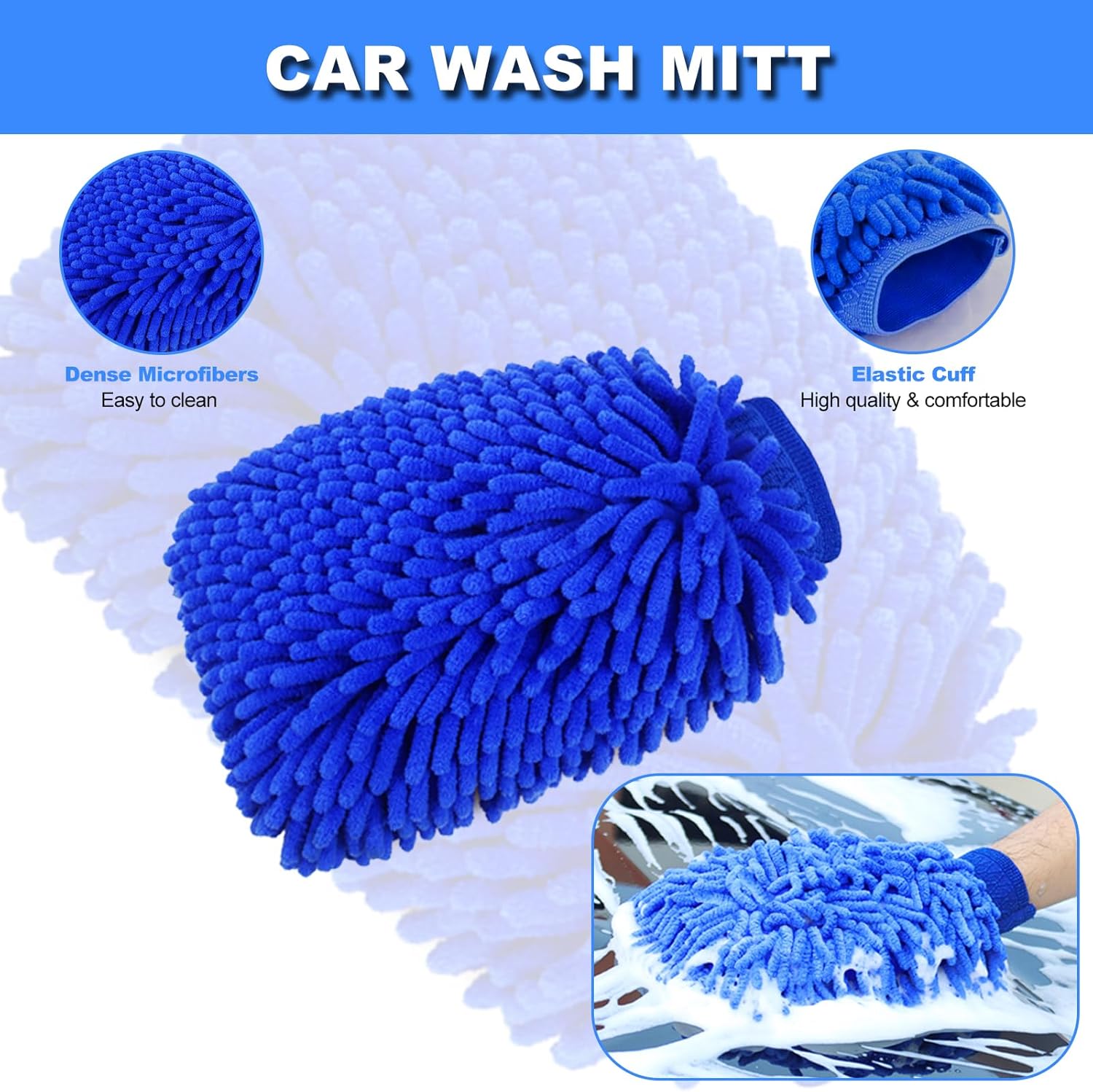 NIKCOSMK 62'' Car Wash Brush with Long Handle, Car Wash Kit with Tire Brush, Tower, Window Squeegee, Chenille Microfiber Car Wash Mop Mitt, Car Cleaning Brush Kit Supplies for Car, Truck, SUV, RV