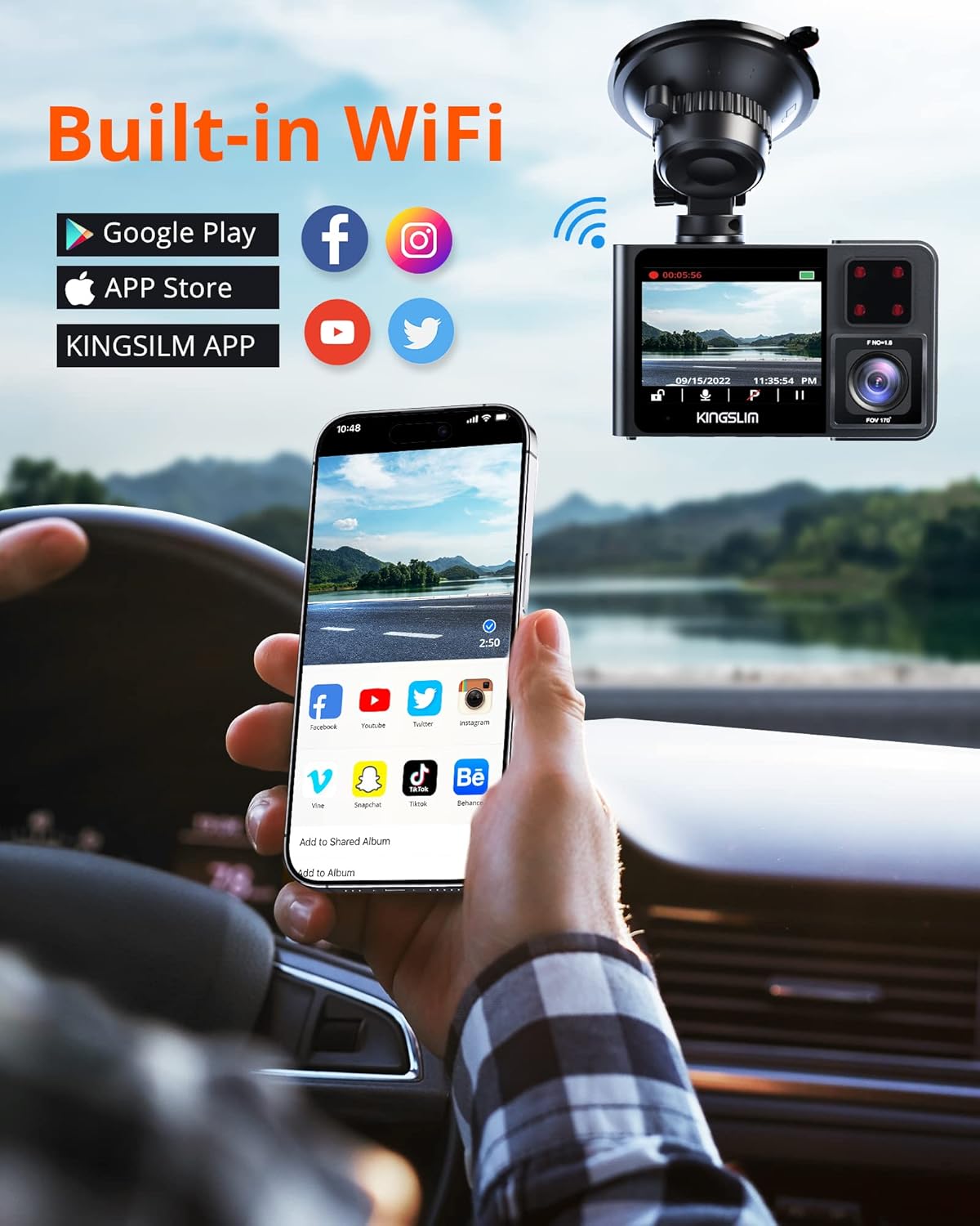 Kingslim D1 pro Dual Dash Cam 4K Record Inside - Front and Inside Dash Camera GPS WiFi for Cars Uber Truck, Dashcam with Infrared Night Vision, G-Sensor, Loop Recording(Upgraded Version)