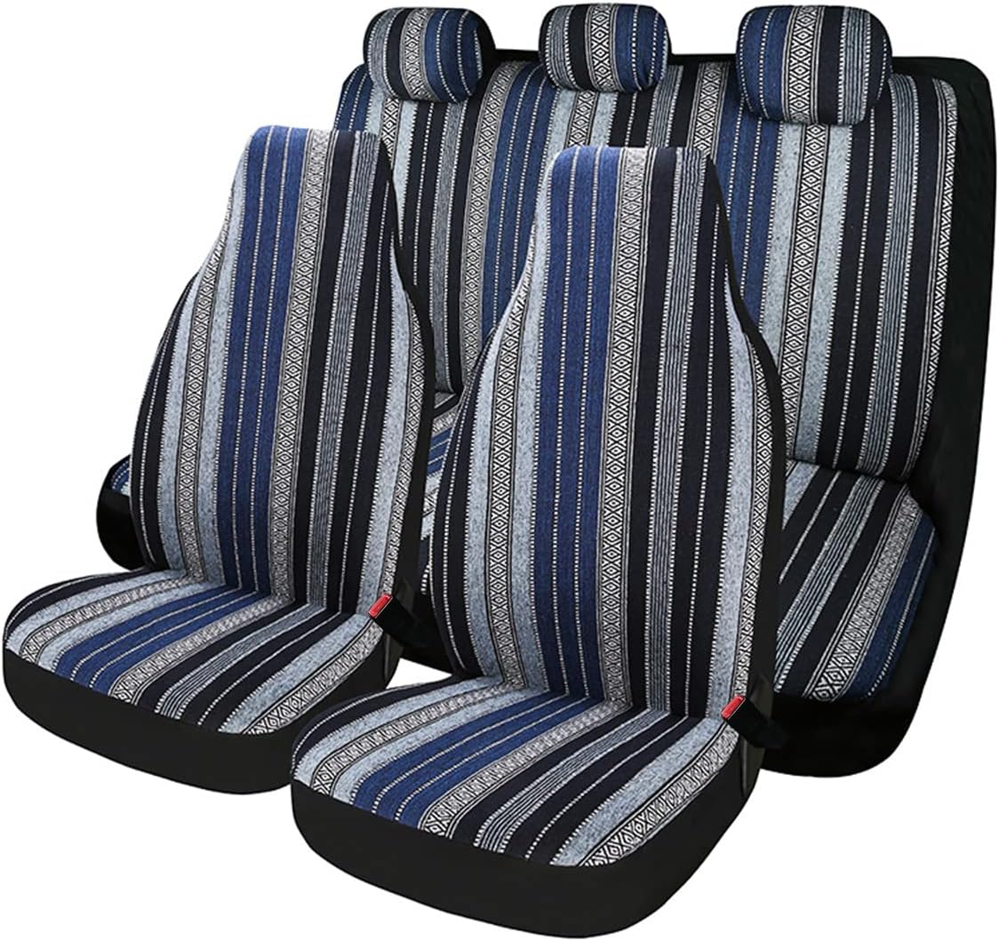 PONYJOYUP Baja Saddle Blanket Car Seat Covers 9PCS Full Set, Breathable and Washable Striped Woven Automotive Vehicle Seat Cover, Universal Seat Cover for Sedan, SUV, Truck, Airbag Compatible