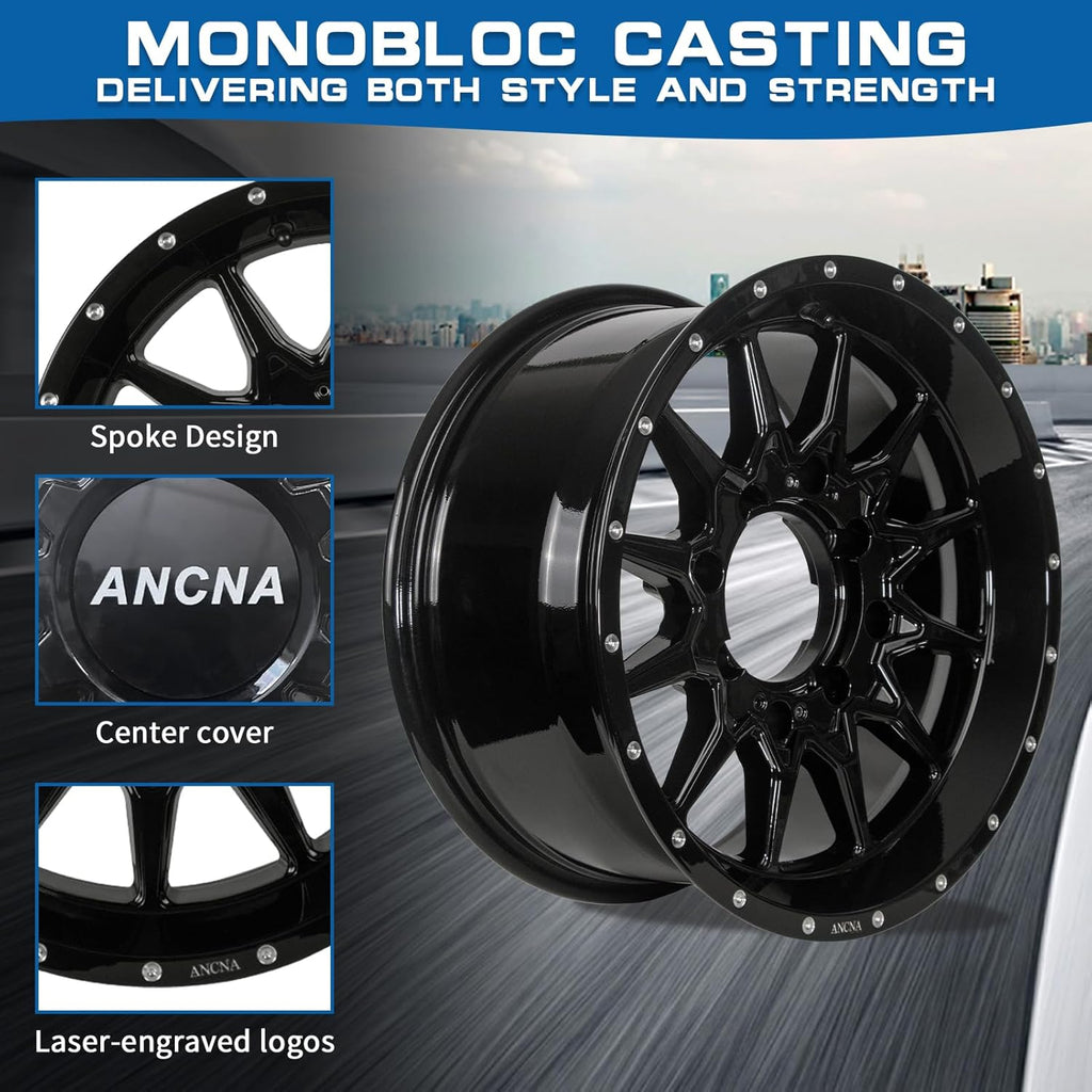 ANCNA 15&#34;x7&#34; Wheel Rim 4x136\/156 Premium Aluminum Alloy Rim with Black Spokes, Center Bore-110.18mm Wheel Load Raiting - 1200 LBS,+10 mm Offset