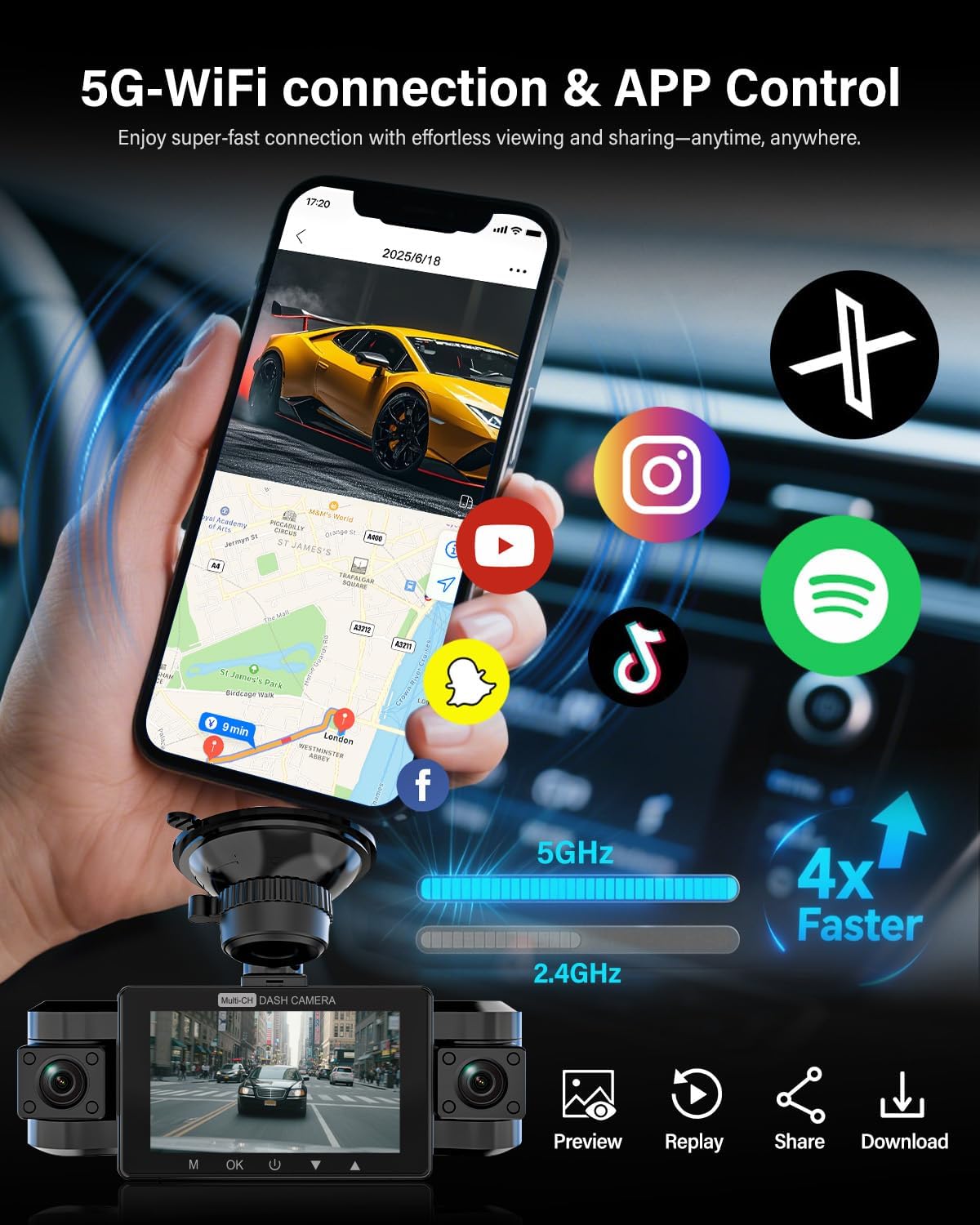 4 Channel Dash Cam Front and Rear Inside Left Right, 360 Degree View Dash Camera for Cars, 1080P Dashcam, 5G WiFi Car Camera with Night Vision, 24/7 Parking Monitor, G-Sensor, Free 64GB Card