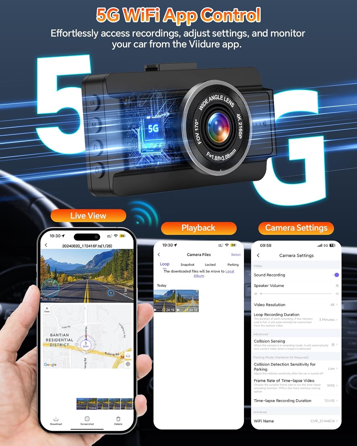 Dash Cam Front and Rear, 4K Full HD Dual Dash Camera for Cars, Free 64GB Card Included, Built-in 5G WiFi & GPS, Car Camera Dashcams for Cars with Night Vision, Parking Monitor, WDR, Emergency Lock