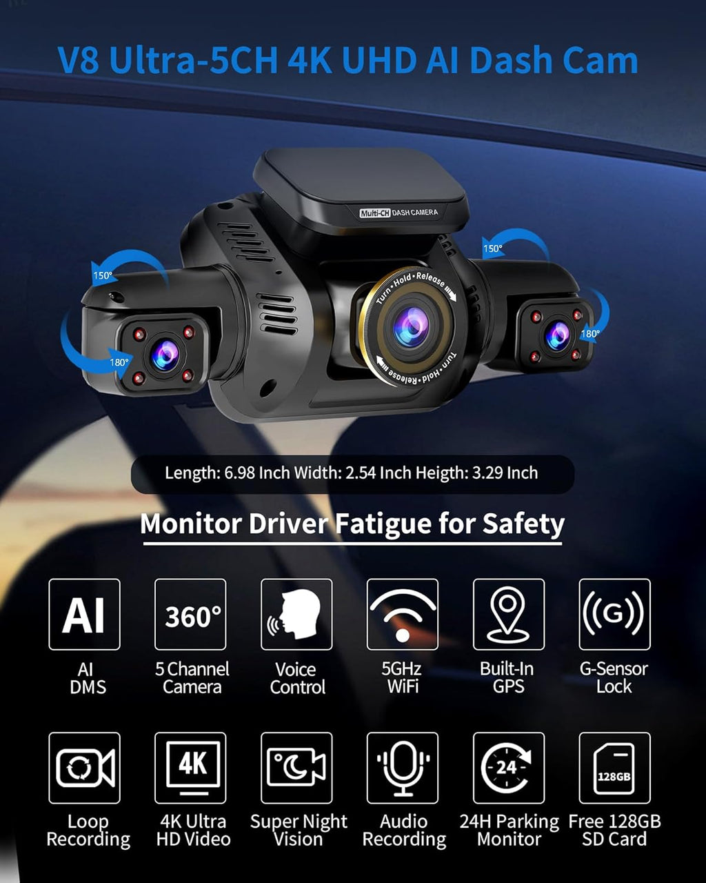 360° View 5 Channel Dash Cam Front and Rear with AI Driver Monitor System DMS, 4K Dash Camera for Cars, Built-in GPS WiFi Night Vision, Dashcam with 128G Card, 24/7 Parking Monitor Mode, V8 Ultra-5CH
