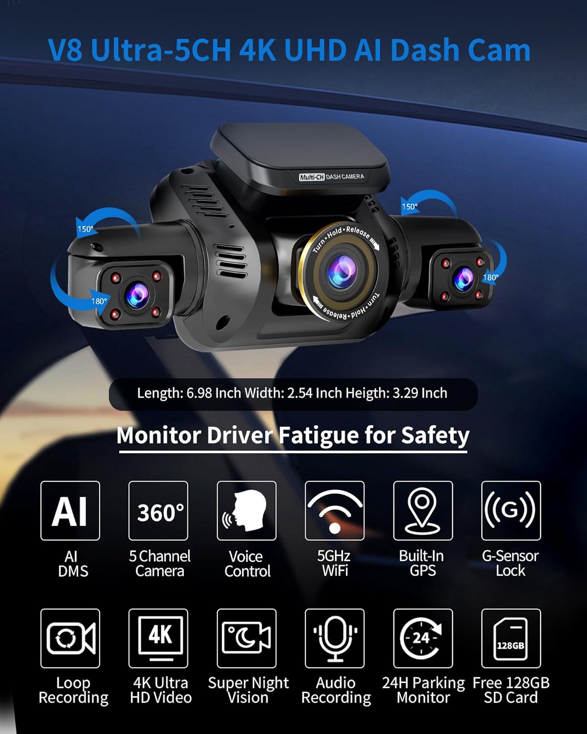 360° View 5 Channel Dash Cam Front and Rear with AI Driver Monitor System DMS, 4K Dash Camera for Cars, Built-in GPS WiFi Night Vision, Dashcam with 128G Card, 24/7 Parking Monitor Mode, V8 Ultra-5CH