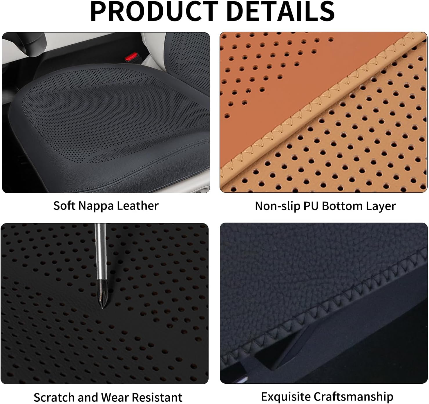 Nappa Leather Car Seat Covers for Tesla Model Y/3/X/S 2025 Highland/Juniper Breathable Perforated All-Season Universal Front Bottom Seat Protectors for Tesla Accessories, 1PC
