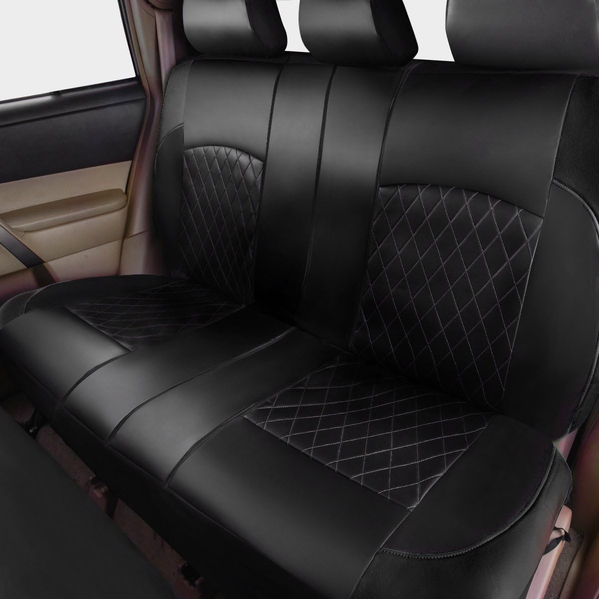 Universal Deluxe Pu Luxury Vinyl Faux Leather Car Seat Covers Full Set, Airbag Compatible, Breathable, Fit for Cars, Trucks, SUV (All Black)