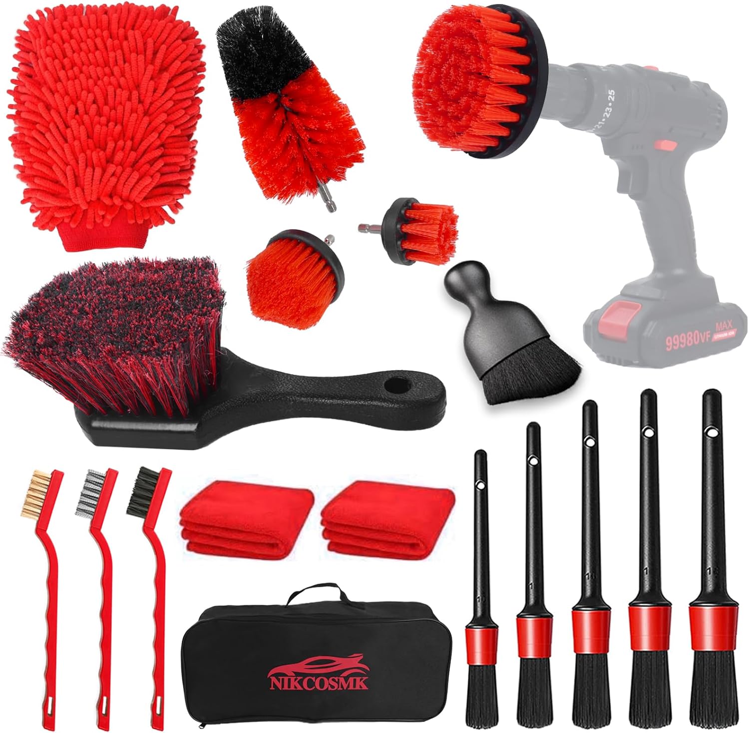 Car Detailing Kit, 18Pcs Car Detailing Brush Set, Car Cleaning Kit, Drill Brush Set, Car Detailing Brushes, Tire Brush - Car Wash Kit, Car Cleaning Tools brushes for Interior, Exterior, Wheels