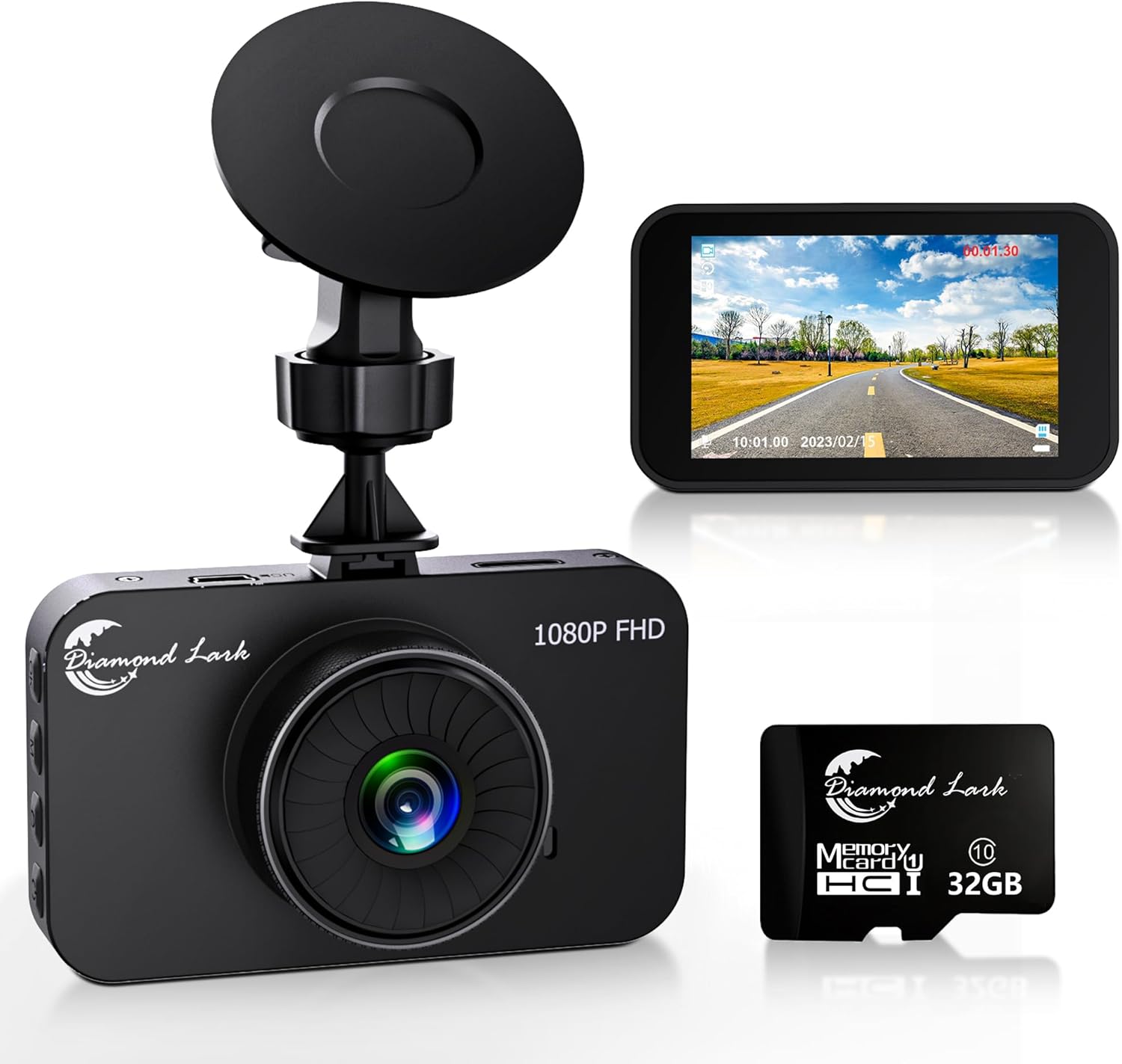 1080P Full HD Dash Camera for Cars, Diamond Lark Dash Cam Front with 32G SD Card, 3”LCD Screen, 170°Wide Angle, Dashboard DashCam with Loop Recording, HDR, Night Vision, G-Sensor, Parking Monitor