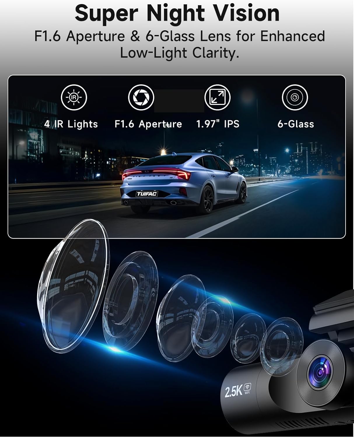Dash Cam Front and Rear, 2.5K+1080P+1080P 3 Channel Dash Cam with 64GB Card, Wi-Fi Dash Camera for Cars, G-Sensor, Night Vision, 24H Parking, Loop Recording Dashcam, 1.97”IPS, Support 256GB