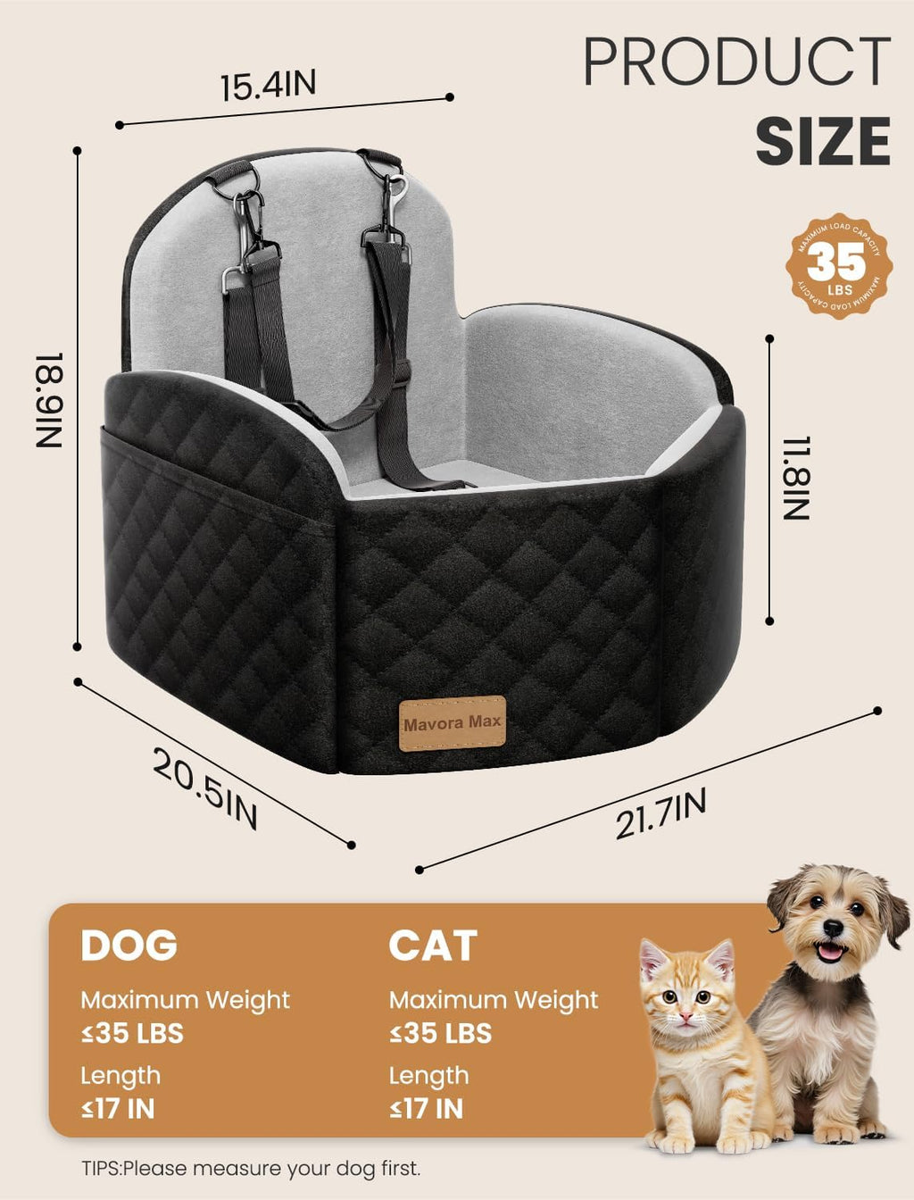 (Up to 35lbs Small/Medium Dog Car Seat Booster Dog Seat for Car Portable with Adjustable Seatbelts Pet Travel Car Bed Seat for SUV, Truck, with Memory Foam Cushion (Black/Grey)