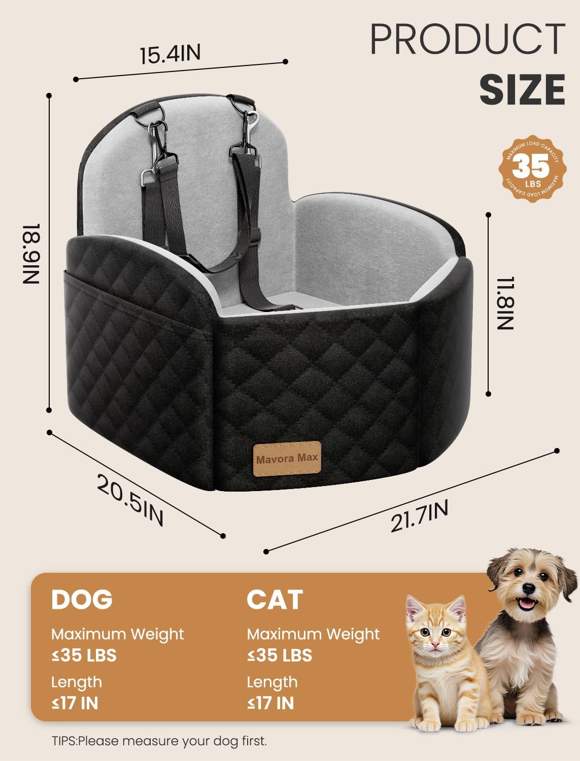 (Up to 35lbs Small/Medium Dog Car Seat Booster Dog Seat for Car Portable with Adjustable Seatbelts Pet Travel Car Bed Seat for SUV, Truck, with Memory Foam Cushion (Black/Grey)