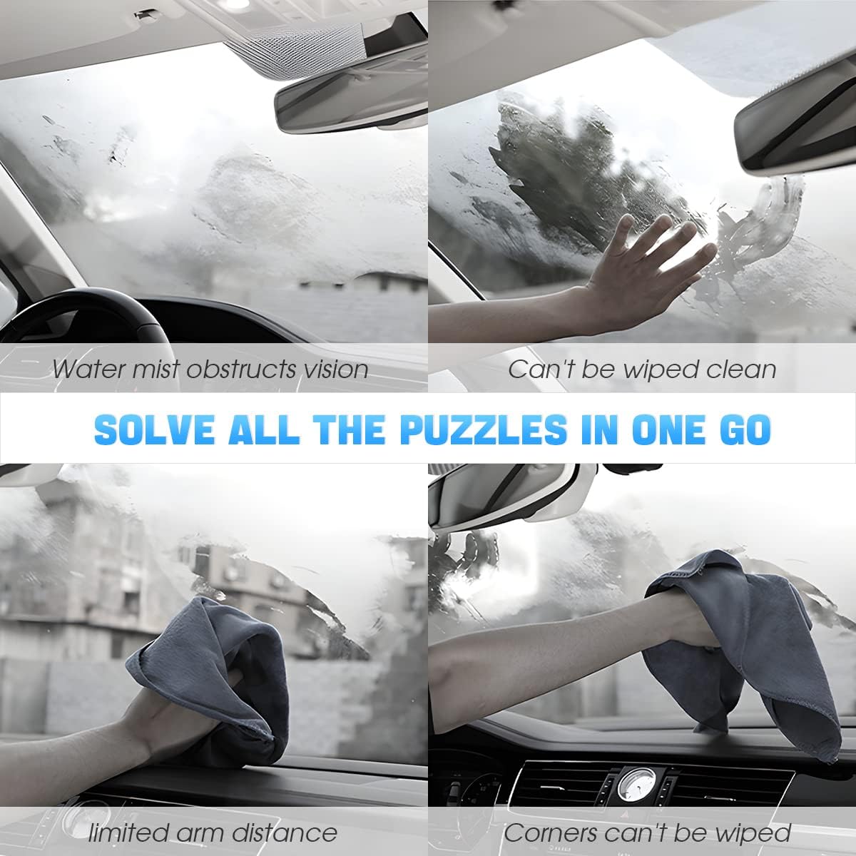 Windshield Cleaning Tool, Car Window Cleaner with Extendable Long Handle and 4 Washable Reusable Microfiber Pads, Auto Interior Exterior Glass Wiper Cleaning Kit Universal for Office and Home (Blue)