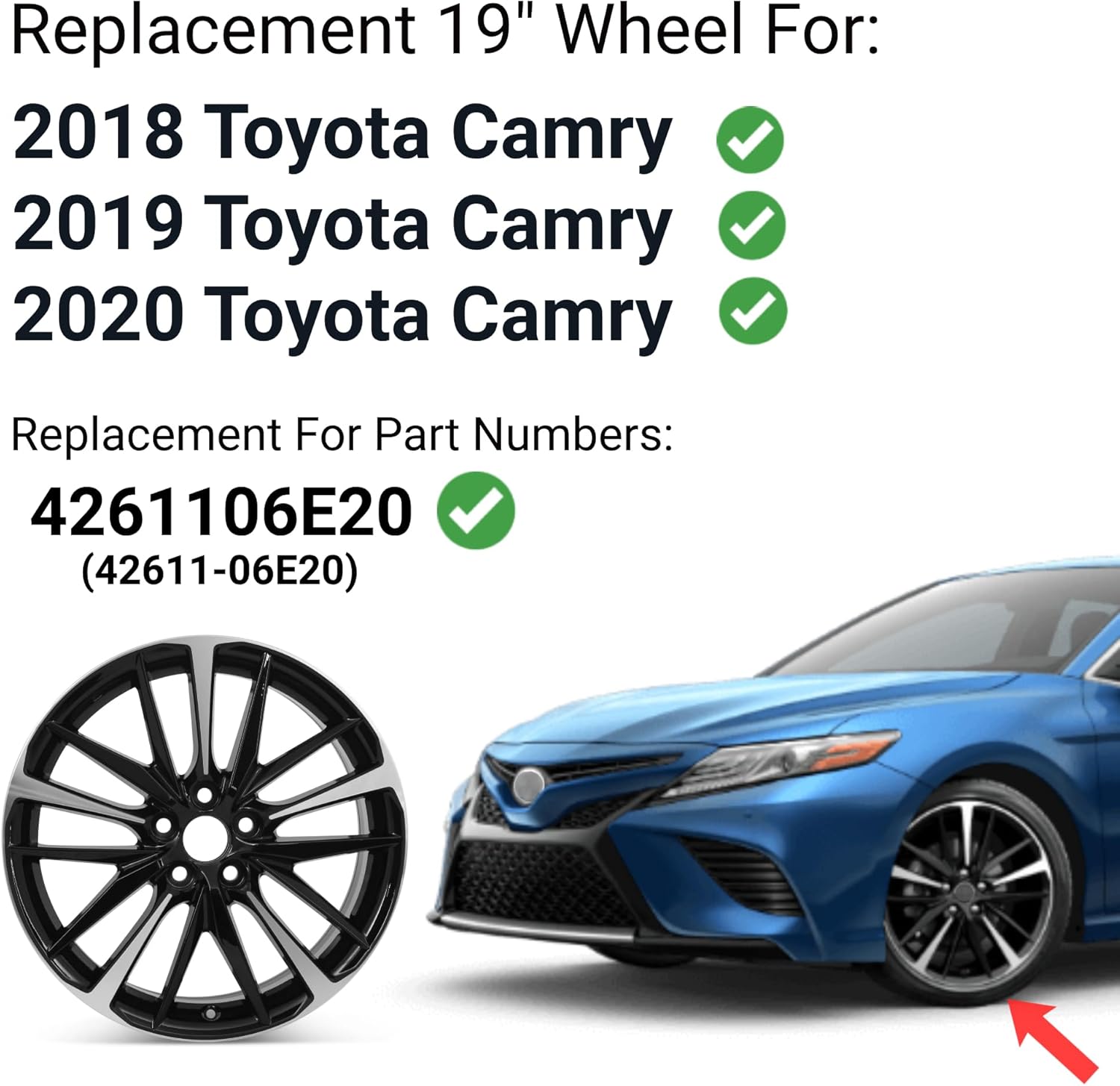 Replacement 19 Inch Wheel For Toyota Camry XSE XLE LE SE OEM Style Aluminum Alloy Rim for 2018 2019 2020 | 19x8" | Black w/Silver Machine Face - Factory Replacement Rim for 4261106E20 (42611-06E20)
