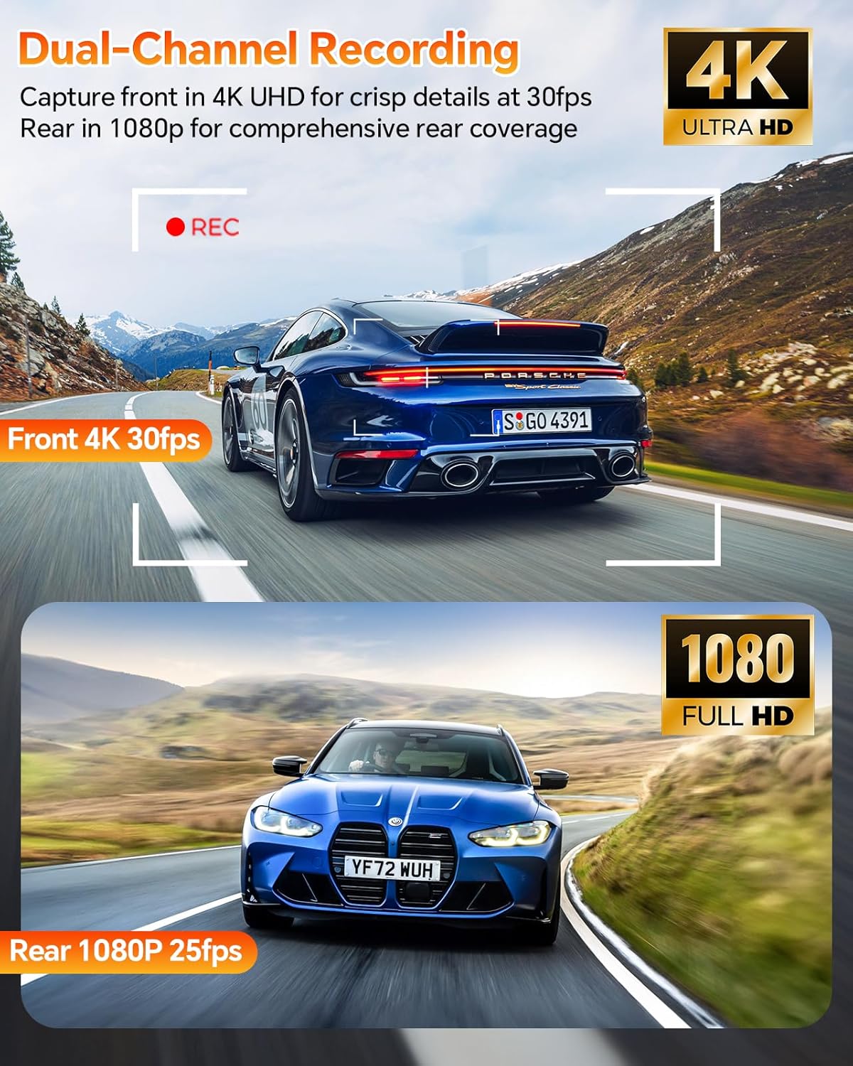 Dash Cam Front and Rear, 4K Full HD Dual Dash Camera for Cars, Free 64GB Card Included, Built-in 5G WiFi & GPS, Car Camera Dashcams for Cars with Night Vision, Parking Monitor, WDR, Emergency Lock