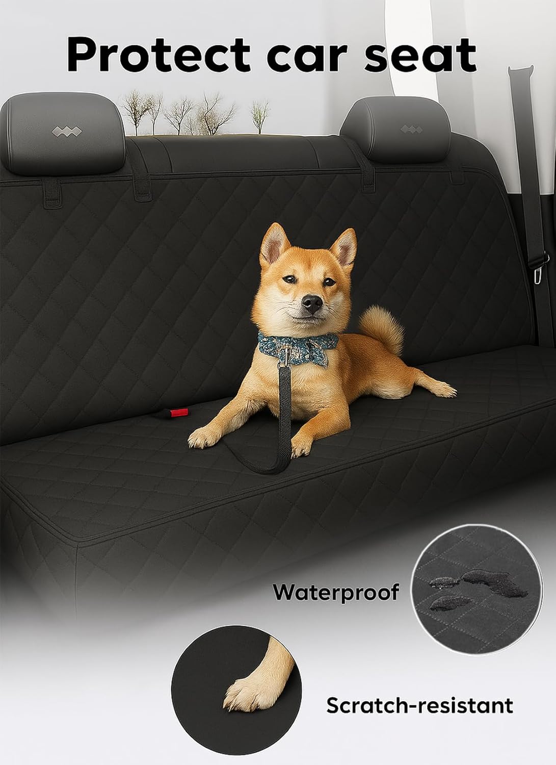 Waterproof Dog Car Seat Cover with Belt for Back Seat - Washable Pet Protector Accessories for Cars, Trucks, SUVs, and Bench Seats - Auto Backseat Hammock for Small & Large Dogs