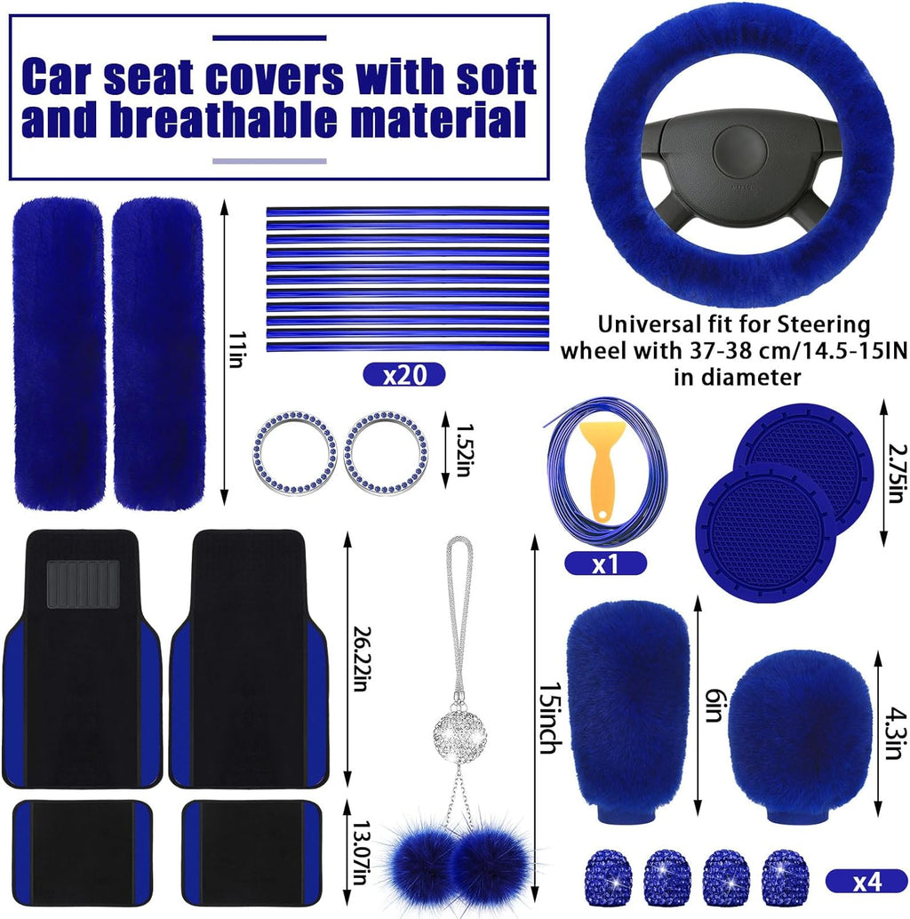 Woanger 47 Car Seat Cover Full Set for Women Included Car Front Rear Seat Fluffy Steering Wheel Cover Belt Automotive Floor Mats Air Conditioner Decoration Strip Universal(Blue)