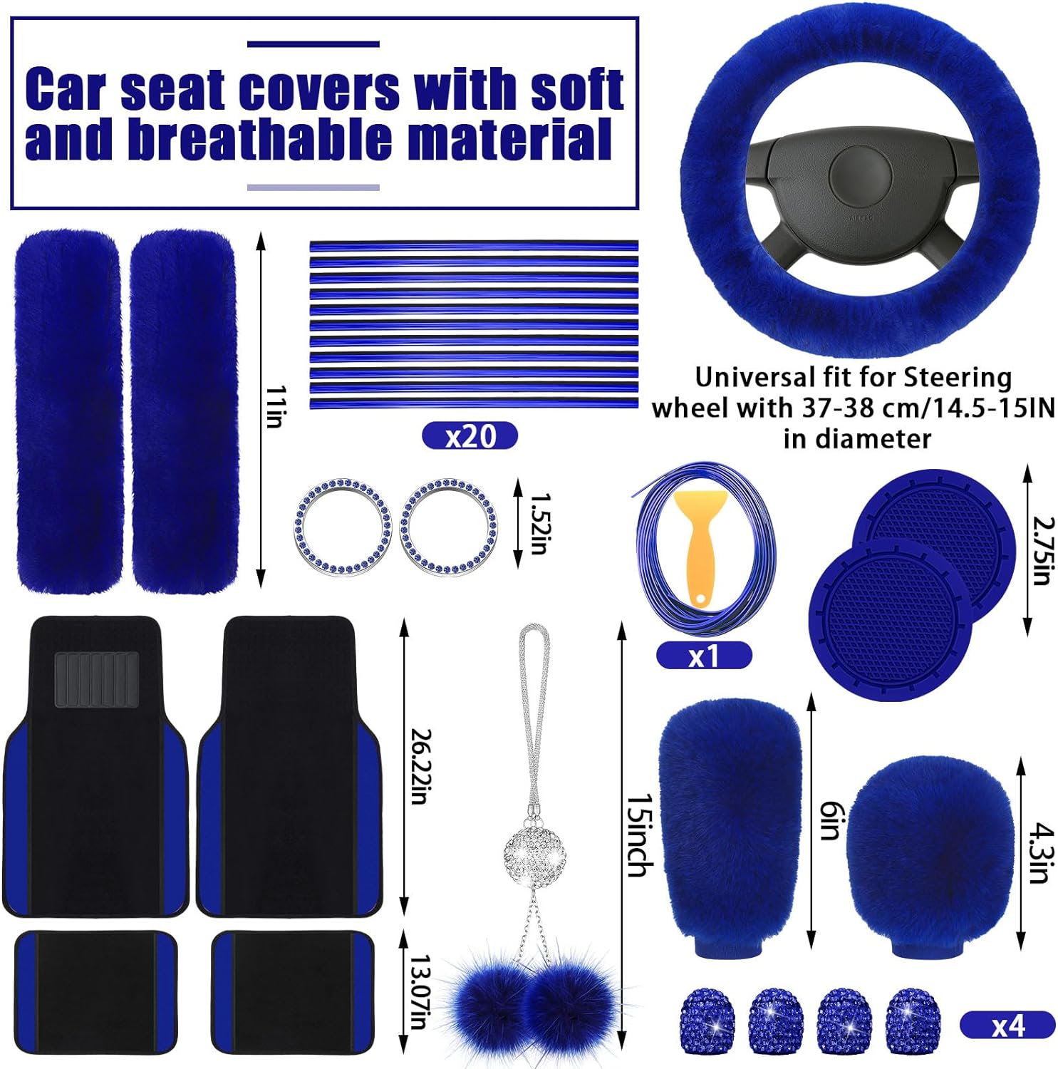Woanger 47 Car Seat Cover Full Set for Women Included Car Front Rear Seat Fluffy Steering Wheel Cover Belt Automotive Floor Mats Air Conditioner Decoration Strip Universal(Blue)