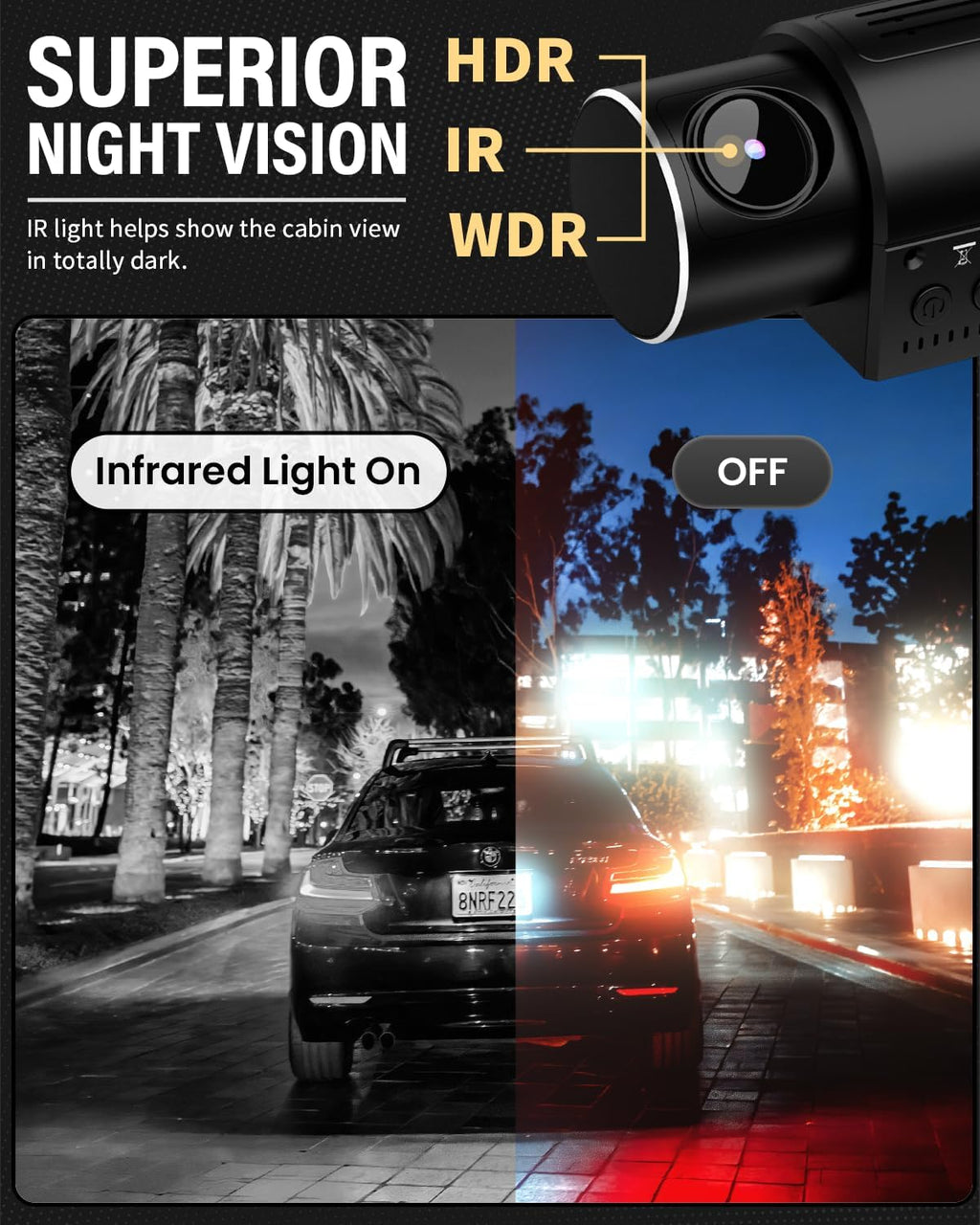 iiwey Dash Cam Front Rear and Inside 1080P Three Channels with IR Night Vision Car Camera SD Card Included Dashboard Camera Dashcam for Cars HDR Motion Detection and G-Sensor for Car, Taxi, Uber