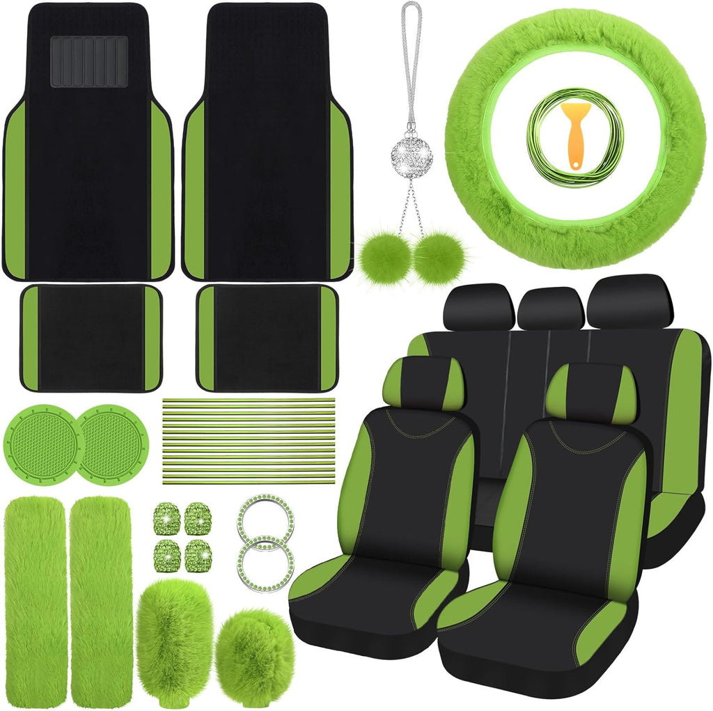 Woanger 47 Car Seat Cover Full Set for Women Included Car Front Rear Seat Fluffy Steering Wheel Cover Belt Automotive Floor Mats Air Conditioner Decoration Strip Universal(Blue)