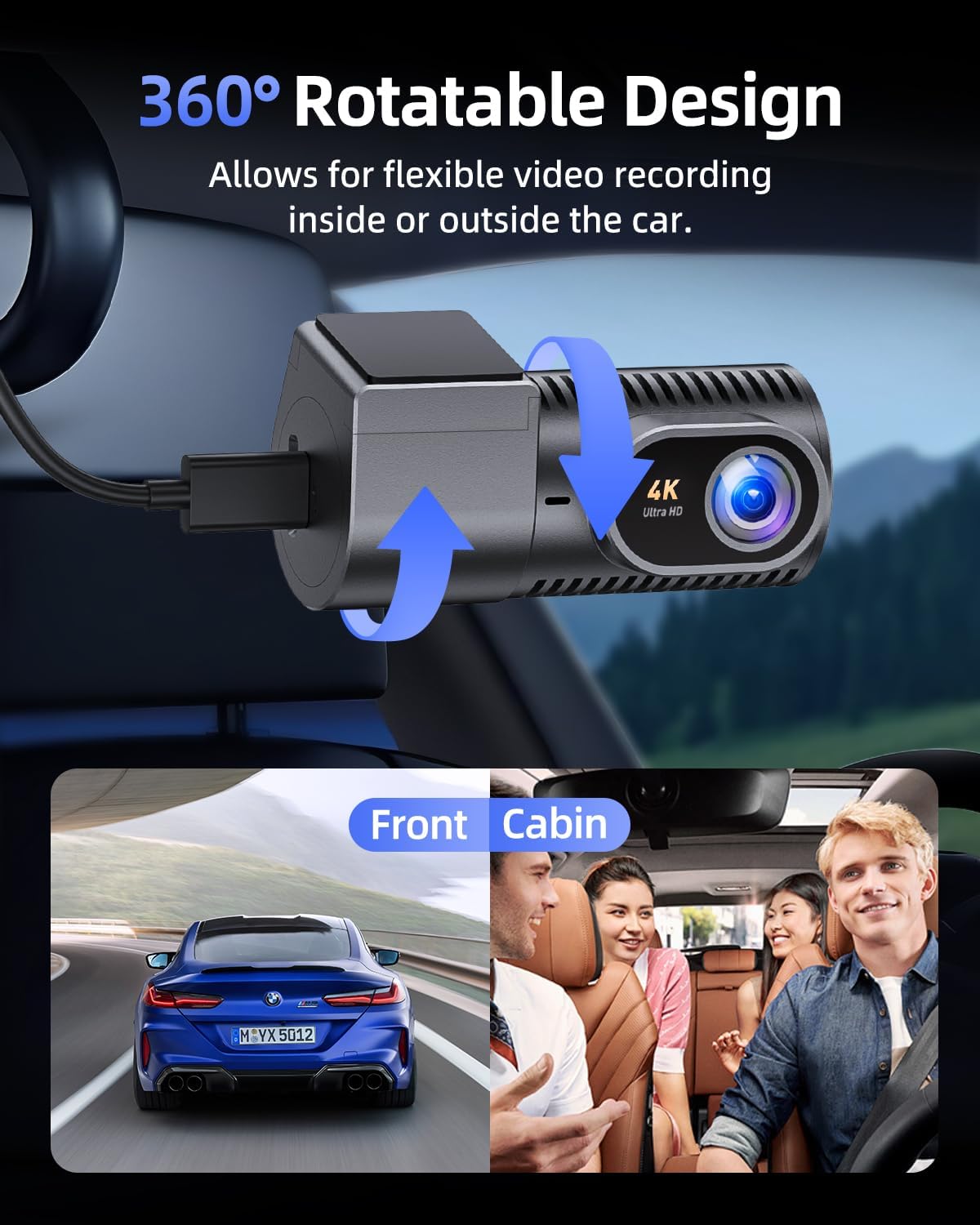 Dash Cam Front 4K - 1.5" IPS Display & 5G WiFi & 64G Card, 360° Rotation Mini Dashcam, Car Camera with WDR Night Vision, 24H Parking Mode, G-Sensor, Loop Recording,170° Angle, Dash Camera for Cars