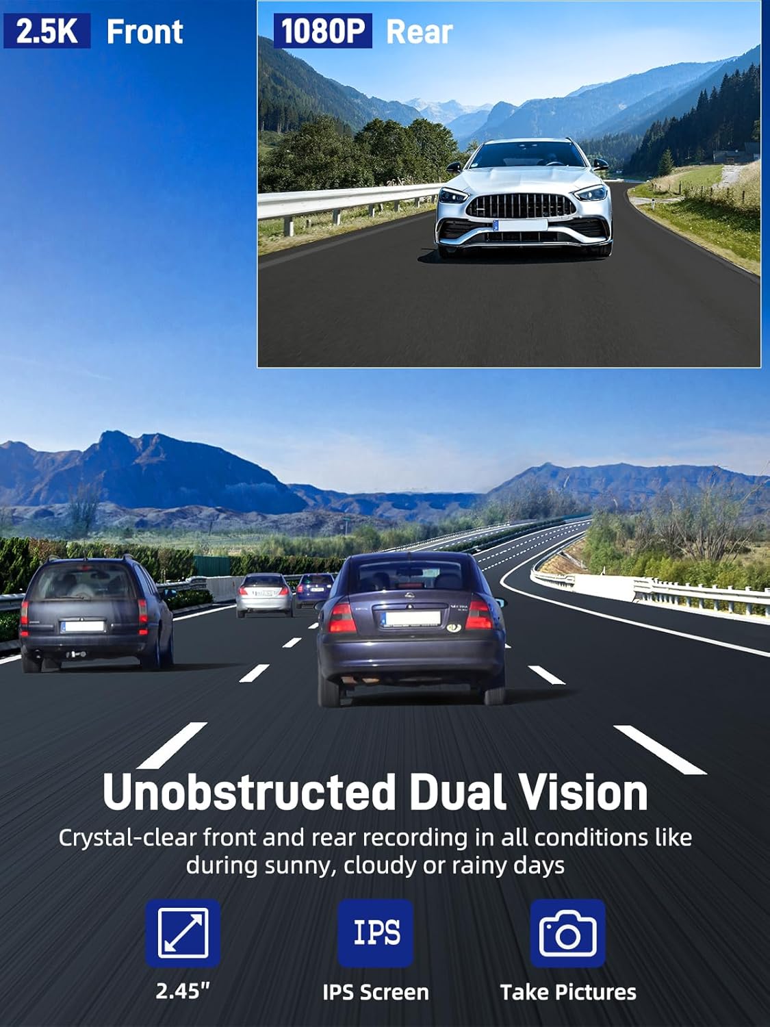 2.5K+1080P Mini Dash Cam Front and Rear, Dash Camera for Cars with 32GB SD Card, 2.45 inch IPS Screen, 2 Mounting Ways, Night Vision, WDR, G-Sensor Lock, Loop Recording, Parking Monitor, Black