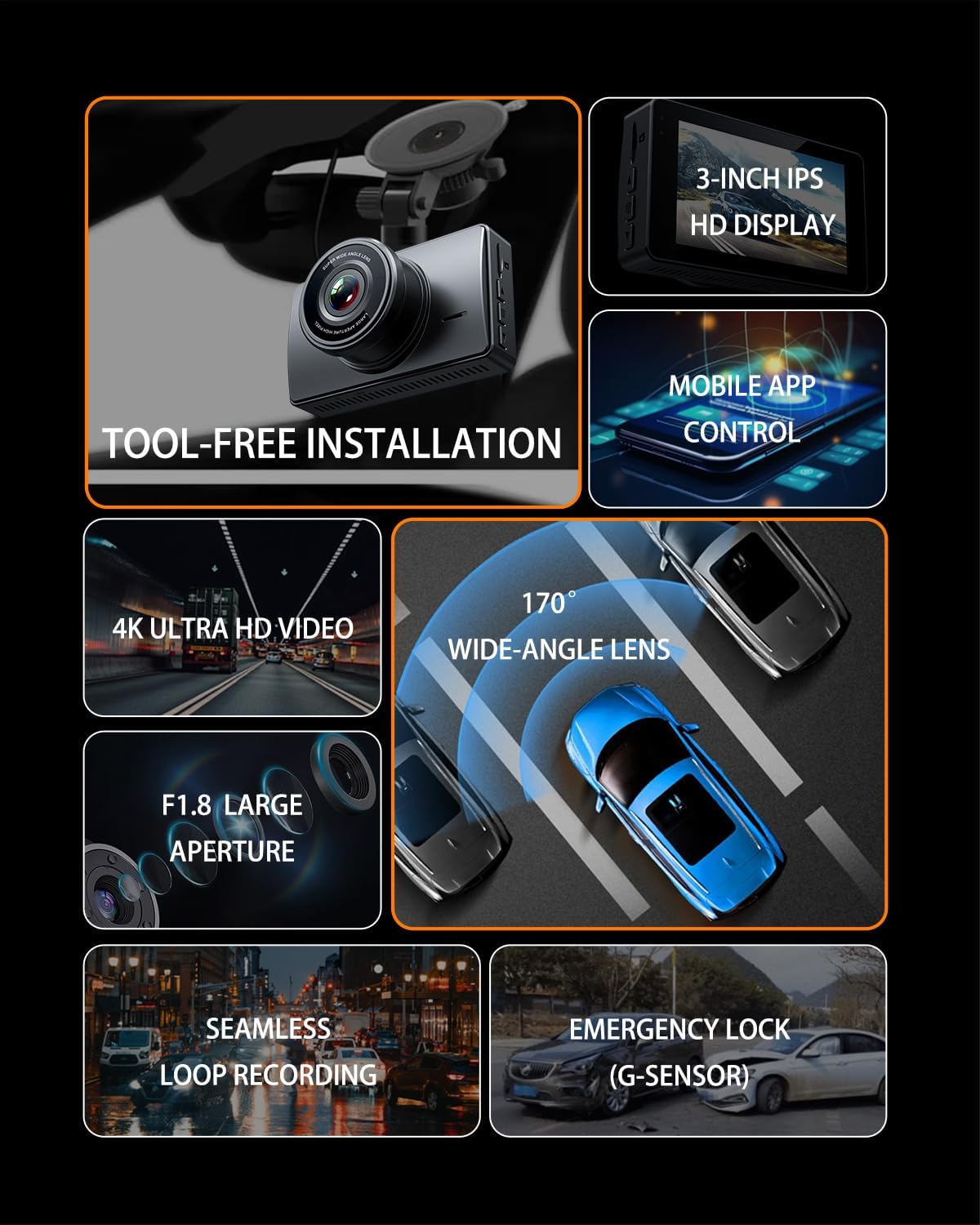 Dash Cam Front and Rear, Dash Camera for Cars 4K+1080, Dashcam Built-in WiFi, APP Control, 32GB Card Included, 3" IPS Touch Screen, 24H Parking Monitor, Night Vision, G-Sensor