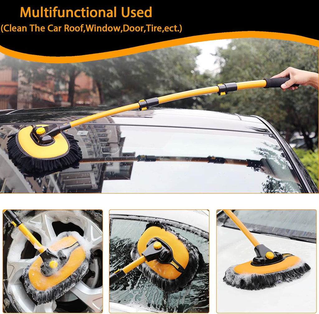 15° Curved Car Cleaning Brush with Telescopic Handle 43" Aluminum Alloy Long Rod Wash Mop For Washing Caravan Van Truck Boat RV Roof Soft Chenille Head Duster Clean Product Not Hurt Paint Scratch Free
