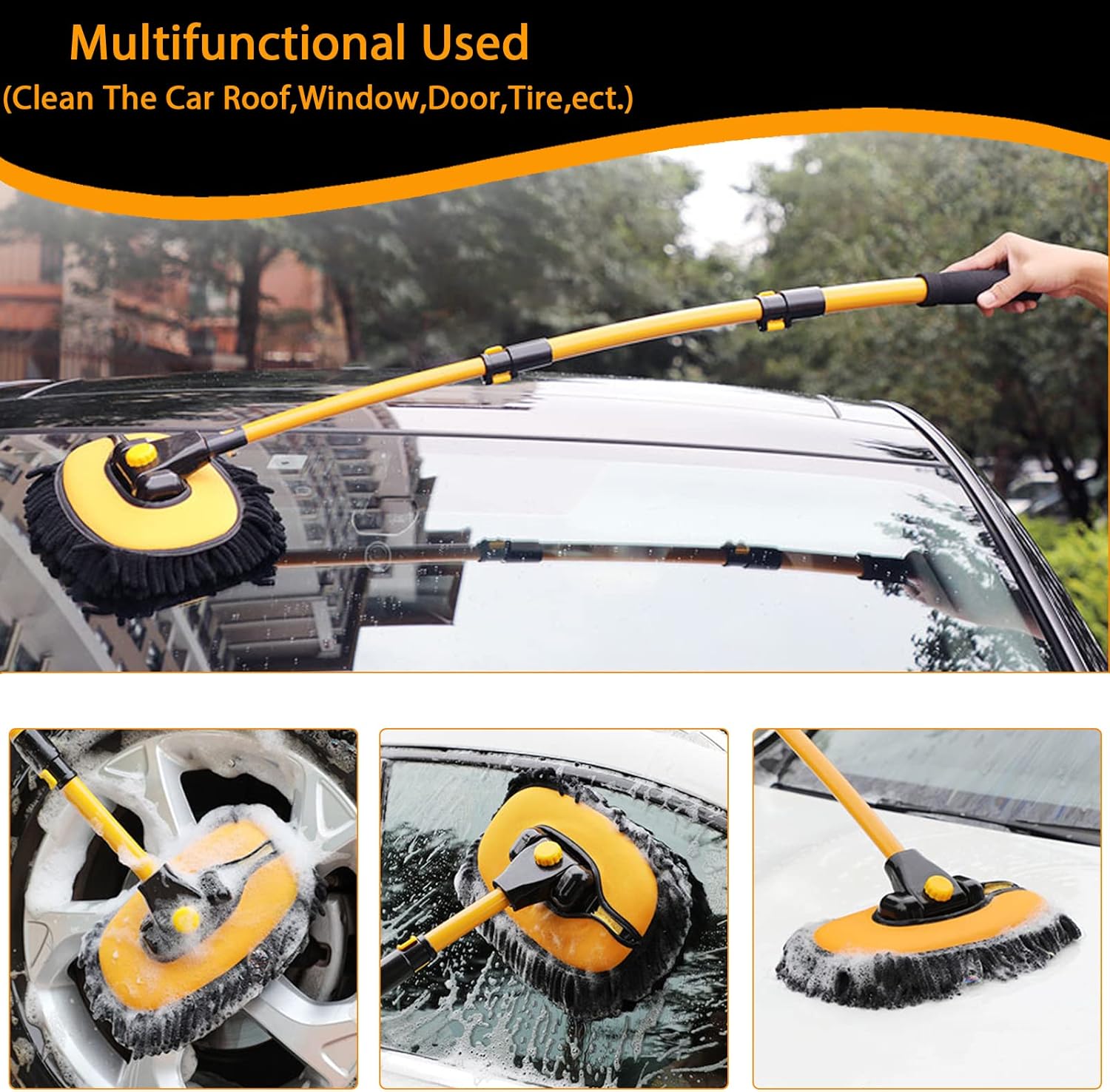 15° Curved Car Cleaning Brush with Telescopic Handle 43" Aluminum Alloy Long Rod Wash Mop For Washing Caravan Van Truck Boat RV Roof Soft Chenille Head Duster Clean Product Not Hurt Paint Scratch Free
