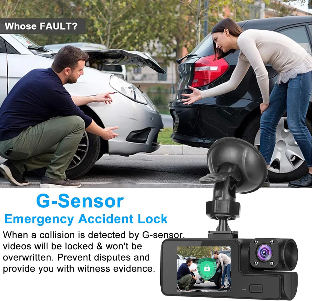 1080P 3 Channel Dash Camera for Car Front and Rear Inside Dashcam Car Video Recorder,170°Wide Angle Vehicle Cam,WDR,G-Sensor,2’’ IPS Screen,Loop Recording,Night Vision(3Channel Dash Cam With 32G Card)