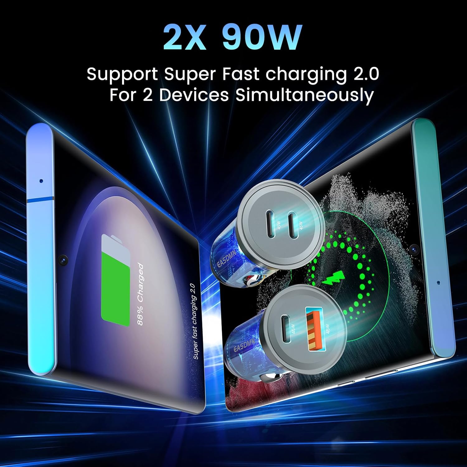 2-Pack 90W USB C Super Fast Car Charger, Dual-Port [PD/PPS 45W & QC 45W] Car Cigarette Lighter USB Charger Adaper for Samsung Galaxy S25 Ultra/S25+/S24 Ultra/S23+/S22,Note 20/10+,Tab S9/S8, iPhone 15…