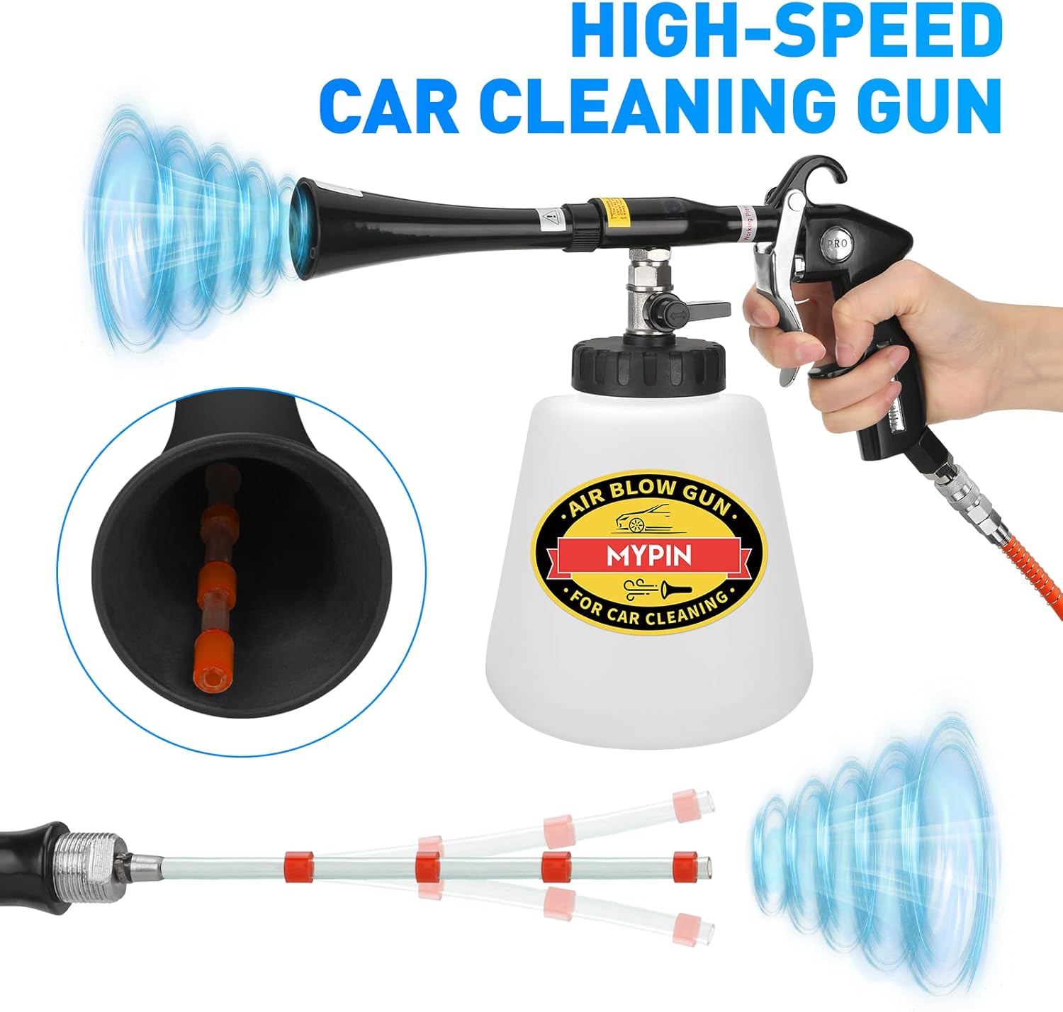 MYPIN Car Cleaning Gun Kit, 6-9.2Bar, High Pressure Air Blow Gun with 2 Set Nozzle, Interior Car Cleaning for Vehicle Upholstery Carpet Seat