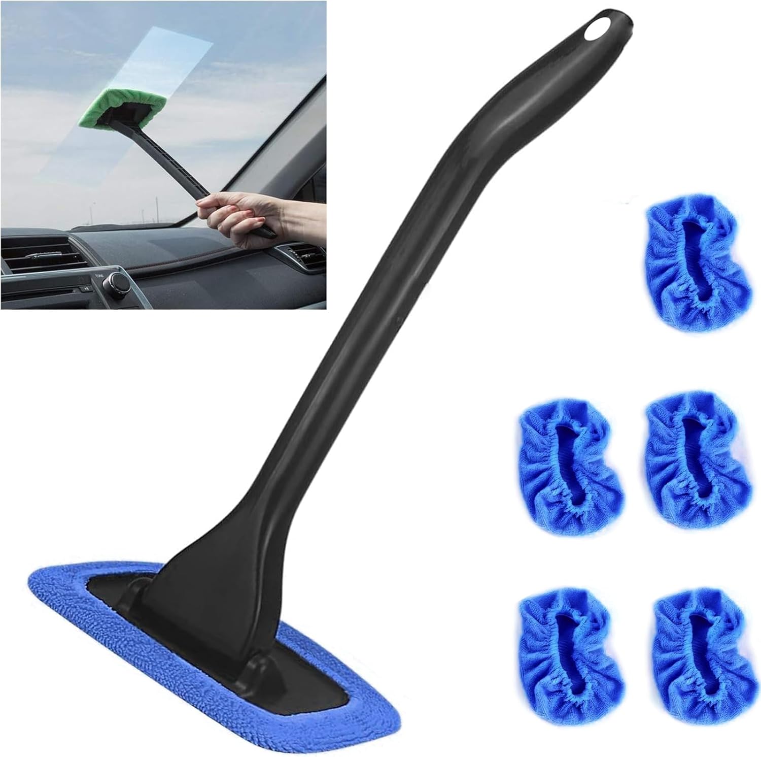 Windshield Cleaning Tool Windshield Cleaning Wand Auto Window Cleaner,5 Pieces Reusable Cloth Pads for Car Interior, Dirty Car Washing Brushes (Green)