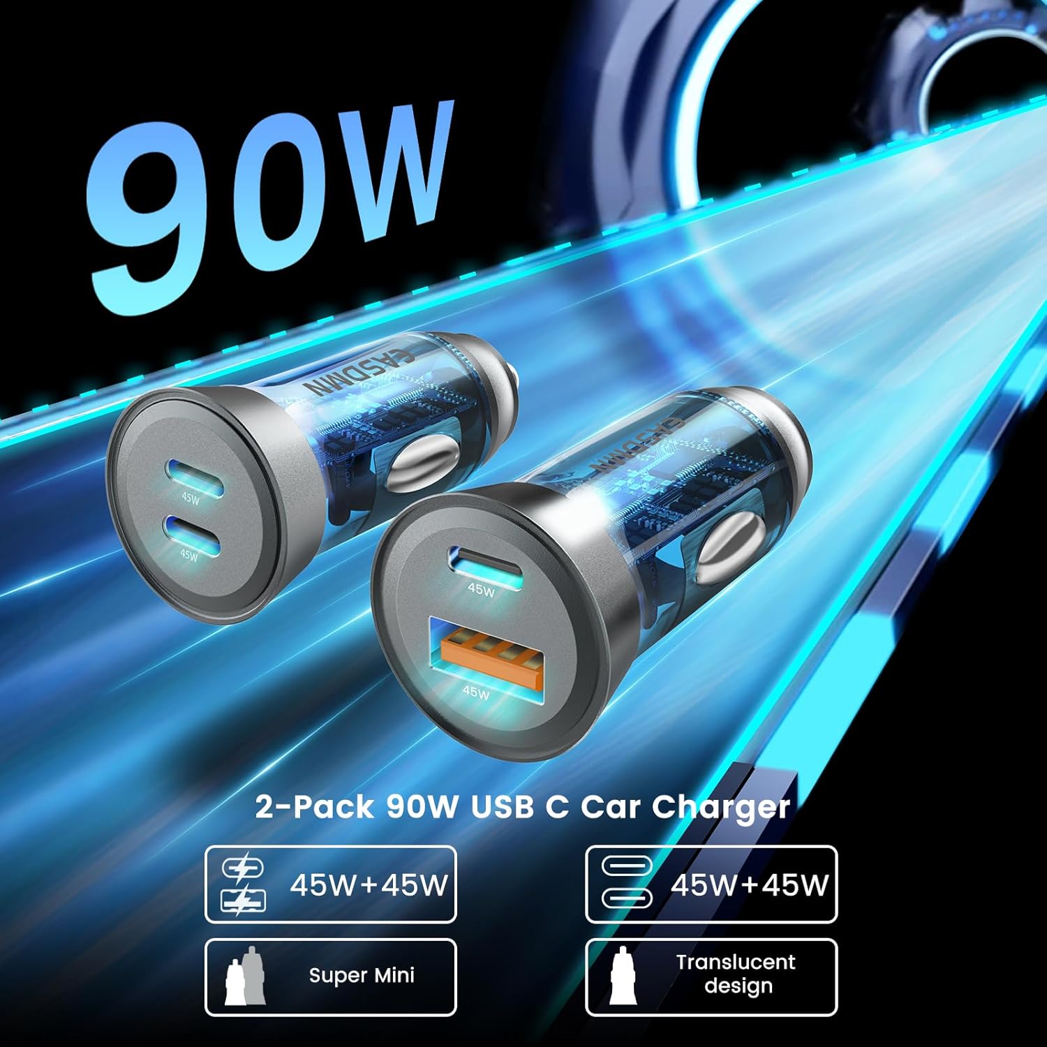 2-Pack 90W USB C Super Fast Car Charger, Dual-Port [PD/PPS 45W & QC 45W] Car Cigarette Lighter USB Charger Adaper for Samsung Galaxy S25 Ultra/S25+/S24 Ultra/S23+/S22,Note 20/10+,Tab S9/S8, iPhone 15…