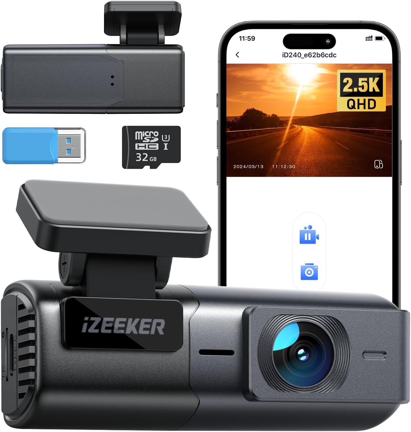 iZEEKER 2.5K Dash Cam WiFi Dash Camera for Cars, Mini Car Camera 1440P Front Dashcams with App, Free 32GB Card, Night Vision, WDR, G-Sensor, Loop Recording, 24H Parking Mode Supports