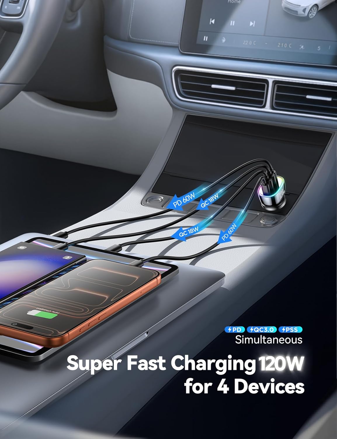 120W for iPhone 17 Pro Car Charger USB C, 4-Port Car Charger Fast Charging, PD&QC3.0 Type C Car Phone Charger, Cigarette Lighter Adapter, Car Accessories for iPhone 16 16e 15 17 Air Pro Max, Samsung