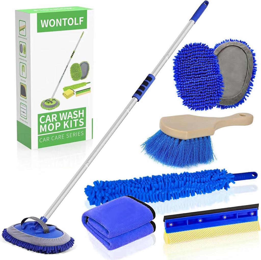 Wontolf 62'' Car Wash Brush with Long Handle Chenille Microfiber Car Wash Mop Mitt Kit Car Detailing Brush Cleaning Kit Window Squeegee Car Duster Drying Towels Tire Brush for Cars RV Truck Boat