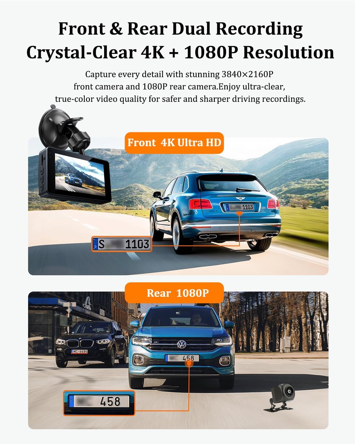 Dash Cam Front and Rear, Dash Camera for Cars 4K+1080, Dashcam Built-in WiFi, APP Control, 32GB Card Included, 3" IPS Touch Screen, 24H Parking Monitor, Night Vision, G-Sensor