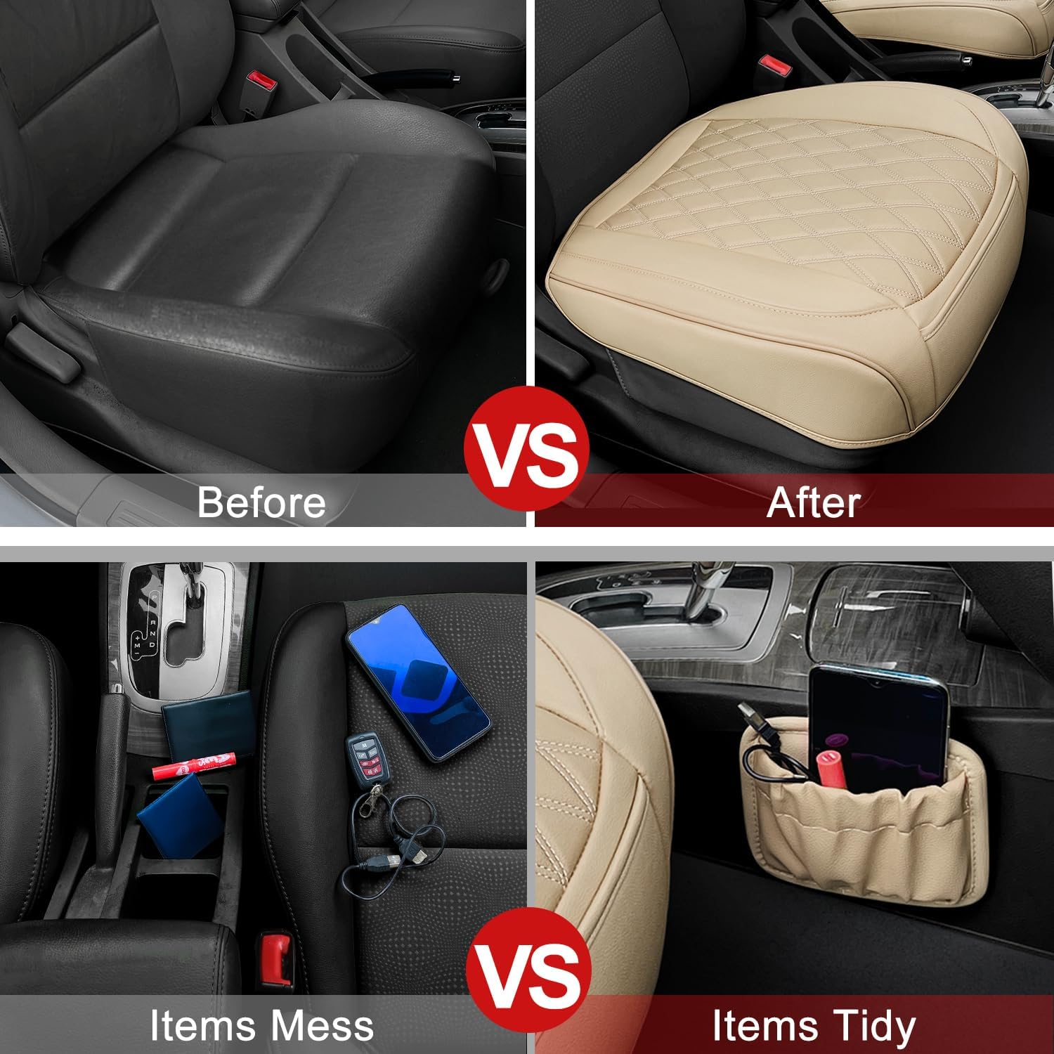 2 Pack Leather Front Car Seat Cover Bottom Car Seat, Anti-Slip and Full Wrap Driver Car Seat Protectors with Storage Pocket, Luxury Waterproof Bottom Auto Seat Cushion for Most Vehicles(Yellow Beige)