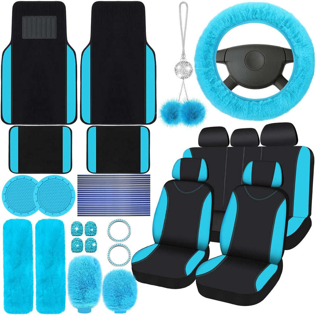 Woanger 47 Car Seat Cover Full Set for Women Included Car Front Rear Seat Fluffy Steering Wheel Cover Belt Automotive Floor Mats Air Conditioner Decoration Strip Universal(Blue)