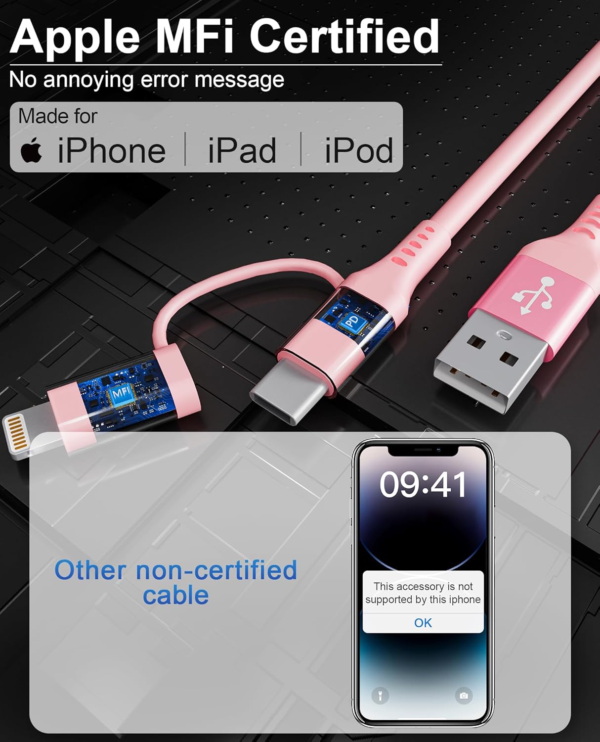 2-in-1 Coiled USB-C & Lightning Pink iPhone Car Charger - Pink Charger for iPhone 16/15/14/Android, Apple CarPlay & Android Auto Supported, Short Coiled Design for Car/Travel/Power Bank (3-4FT)