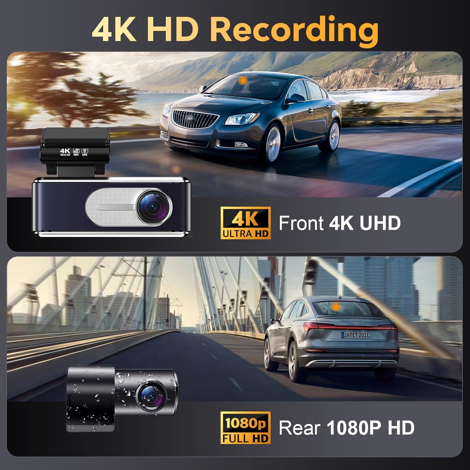 Dash Cam Front and Rear - 4K HD Dual Dash Camera for Cars, Built-in 5G WiFi GPS, 64GB Card, Dashcam with 3.2" IPS Screen, UHD Night Vision, HDR, App Control, 24H Parking Monitor